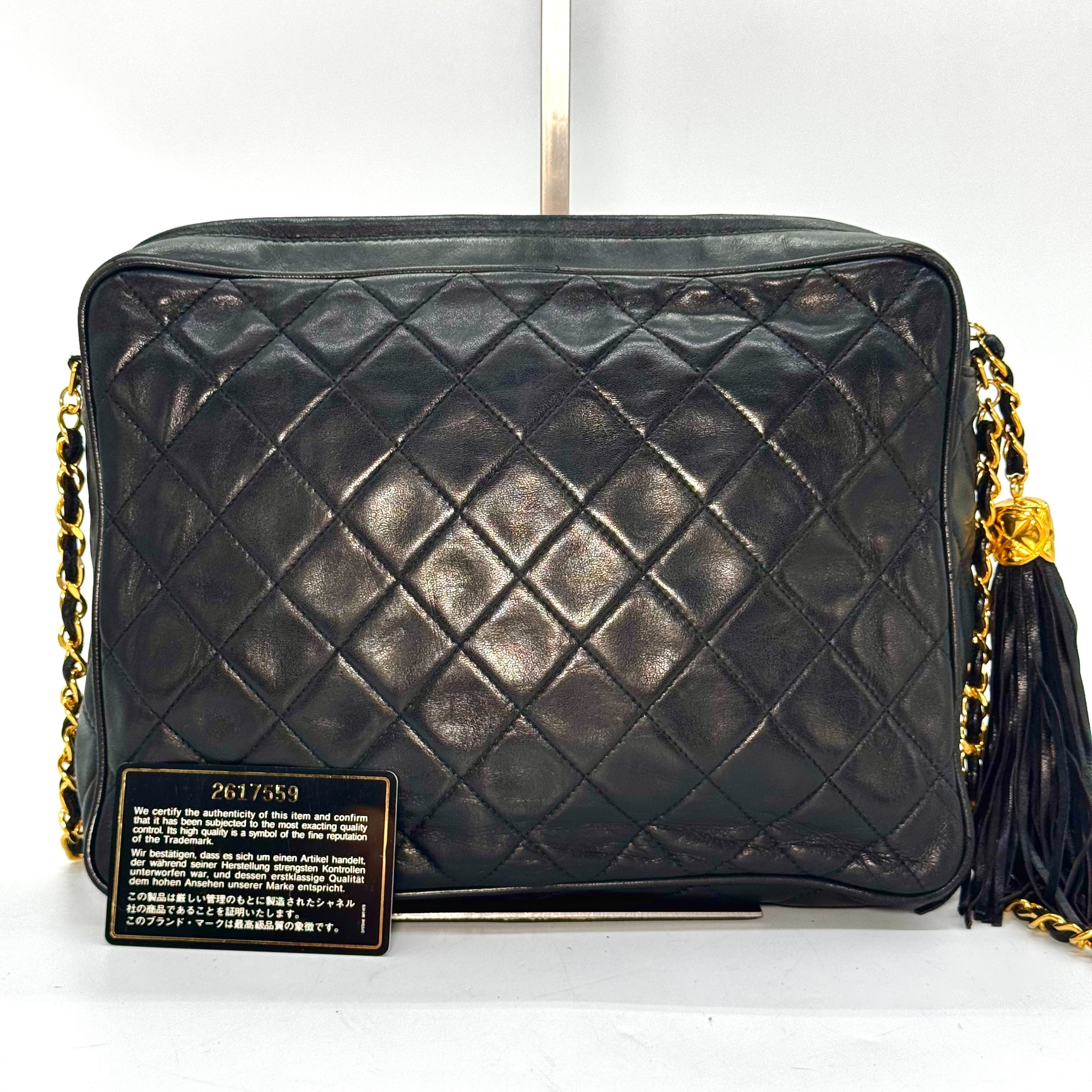 Matelassé Lambskin Shoulder Bag with Fringe Chain, Black, 2617559, with Guarantee Card. — view 2