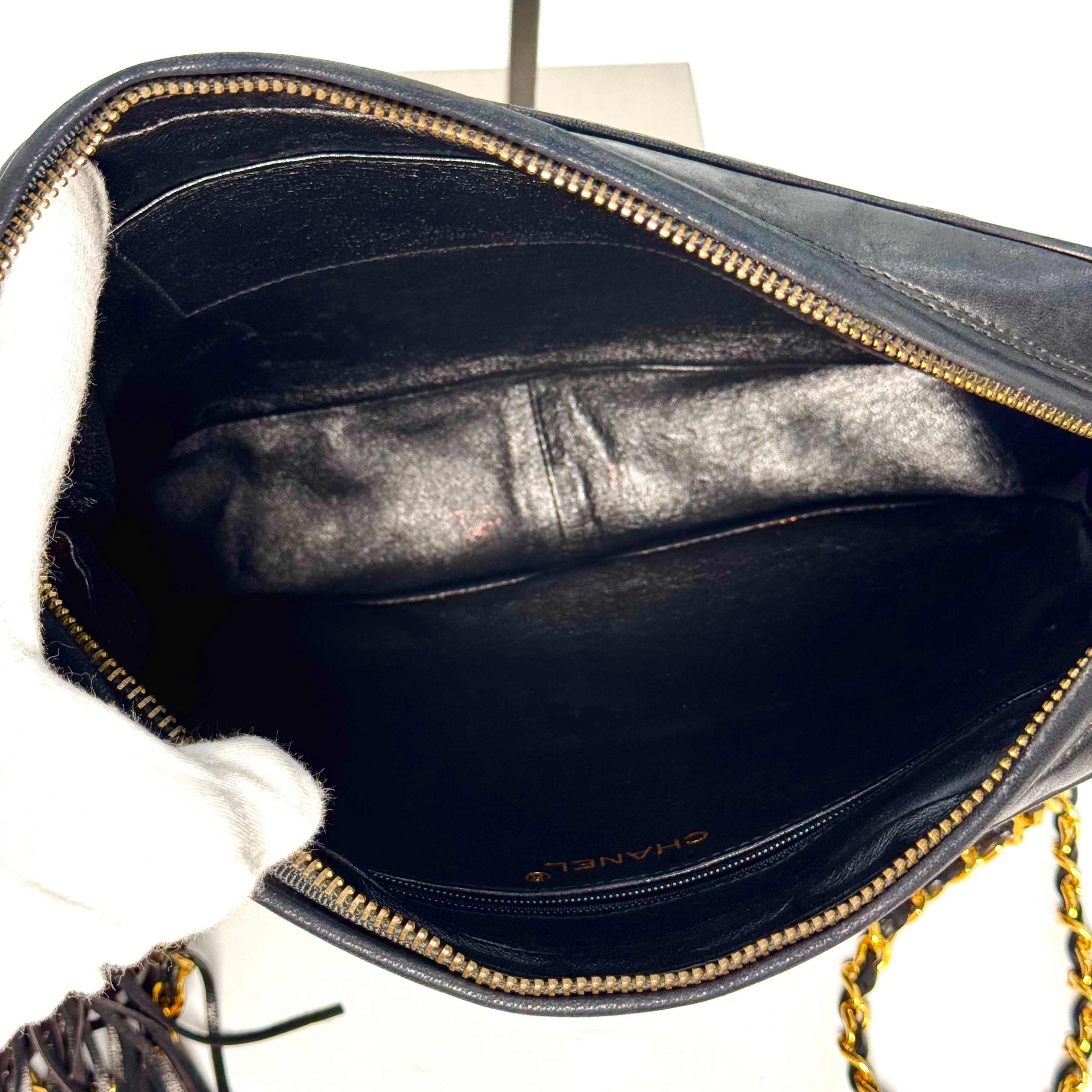 Matelassé Lambskin Shoulder Bag with Fringe Chain, Black, 2617559, with Guarantee Card. — view 6