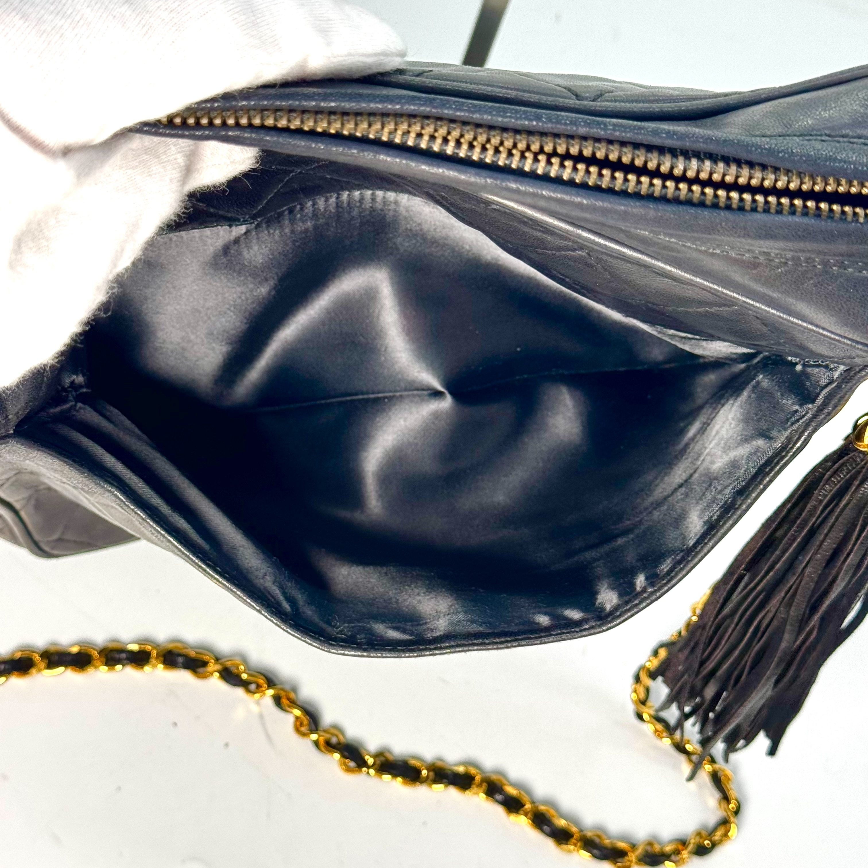 Matelassé Lambskin Shoulder Bag with Fringe Chain, Black, 2617559, with Guarantee Card. — view 9