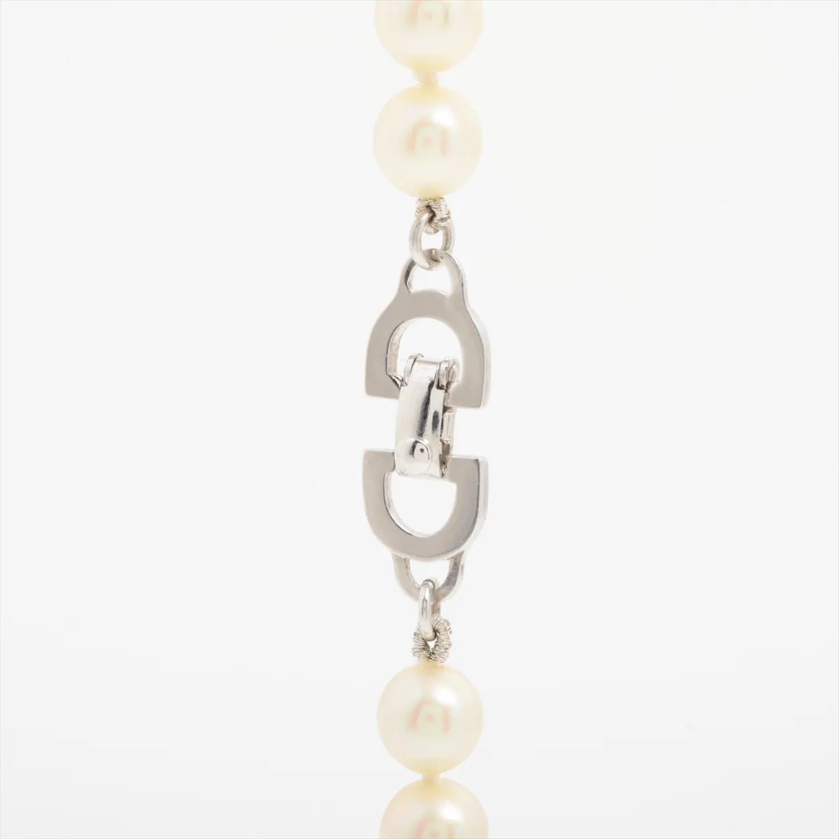 necklace, metal and faux pearl, silver. Shows wear, tarnishing, — view 3