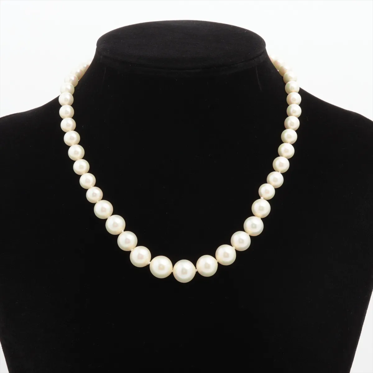 necklace, metal and faux pearl, silver. Shows wear, tarnishing, — view 5