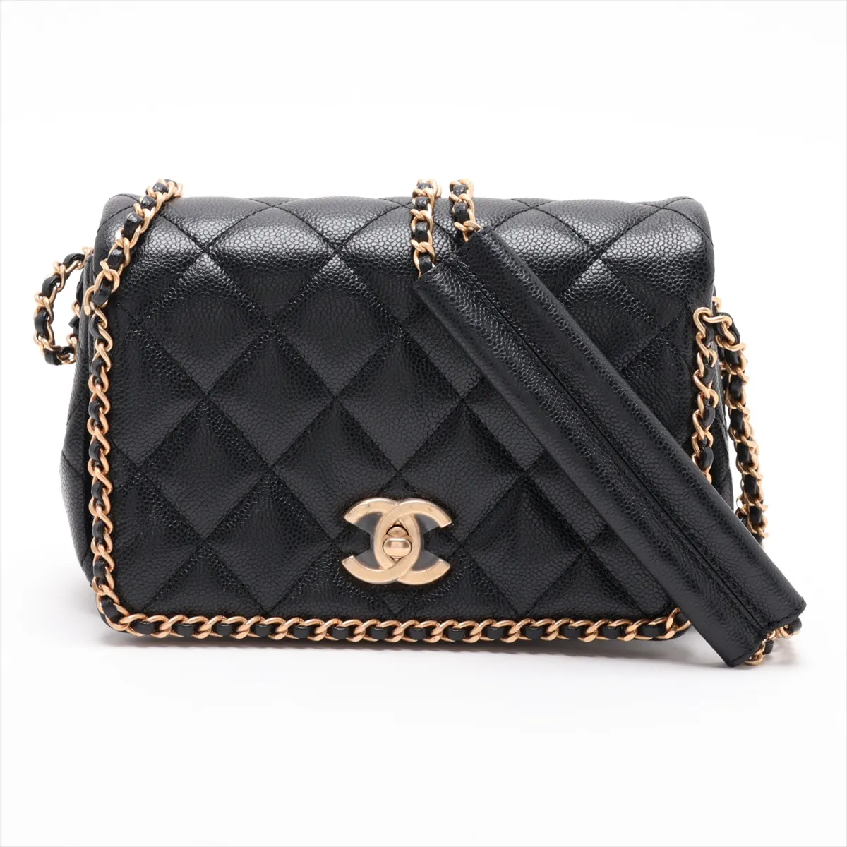 Matelassé Caviar Skin Chain Shoulder Bag, Chain Around, Black, Gold Hardware, AK7U90LA, Random Plate