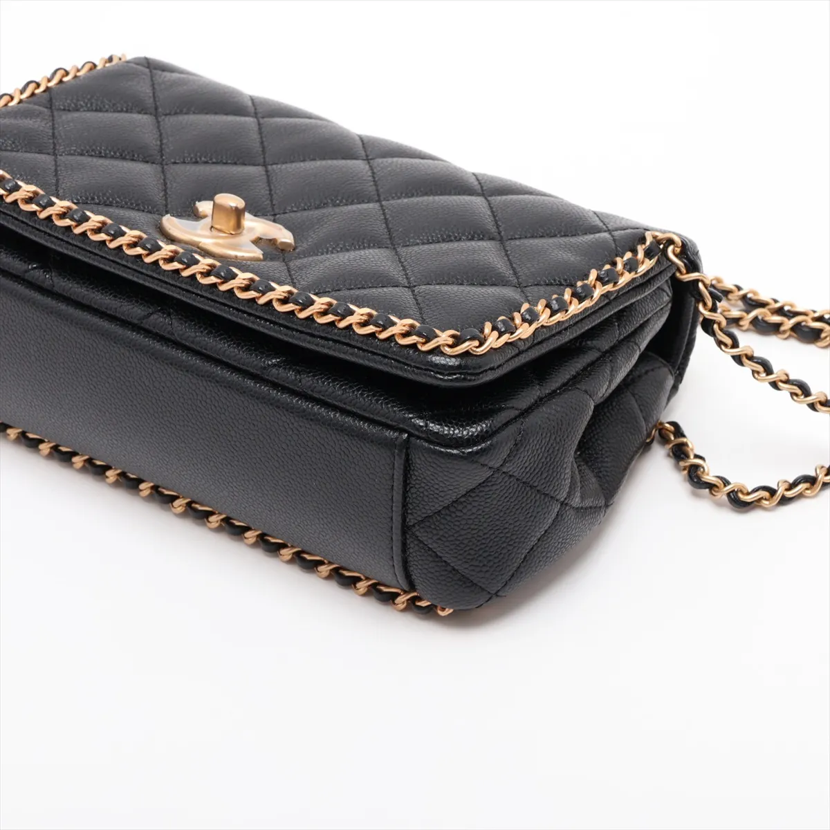 Matelassé Caviar Skin Chain Shoulder Bag, Chain Around, Black, Gold Hardware, AK7U90LA, Random Plate — view 3