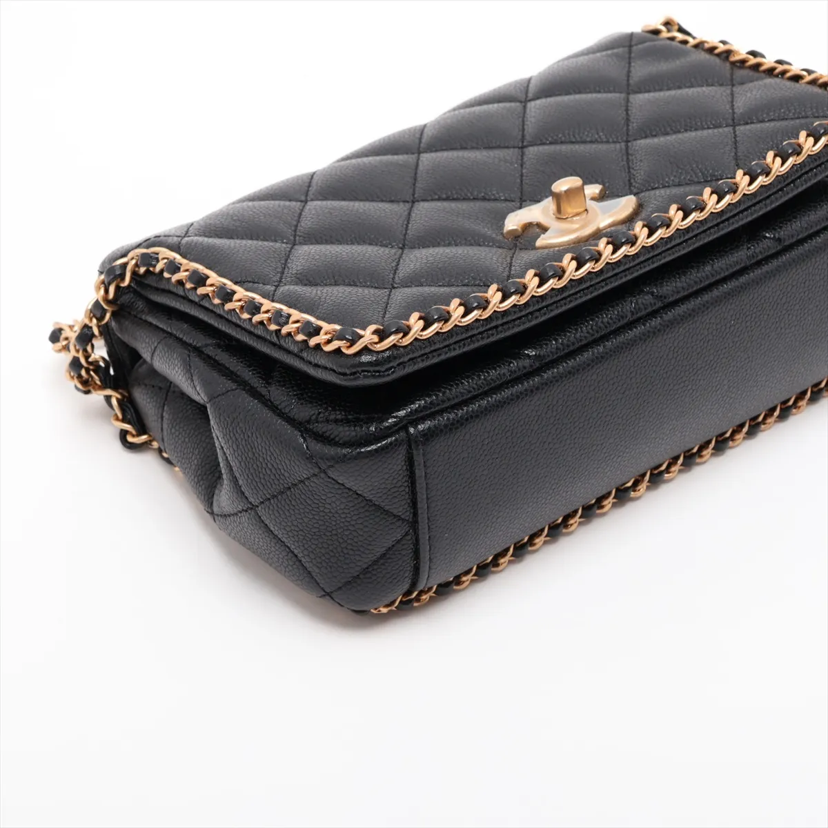Matelassé Caviar Skin Chain Shoulder Bag, Chain Around, Black, Gold Hardware, AK7U90LA, Random Plate — view 4