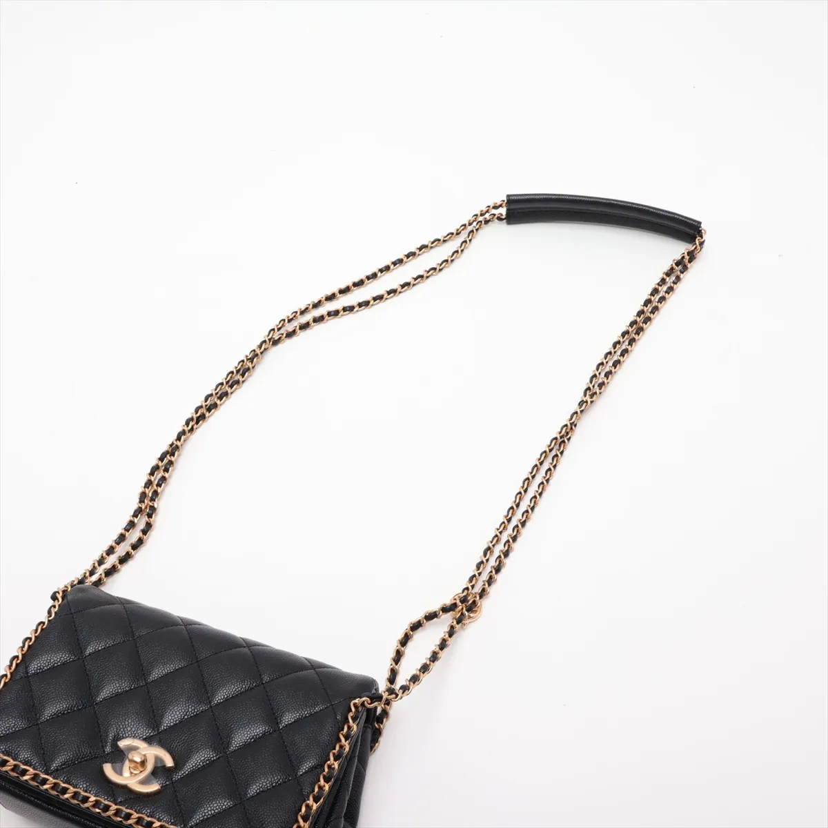 Matelassé Caviar Skin Chain Shoulder Bag, Chain Around, Black, Gold Hardware, AK7U90LA, Random Plate — view 5