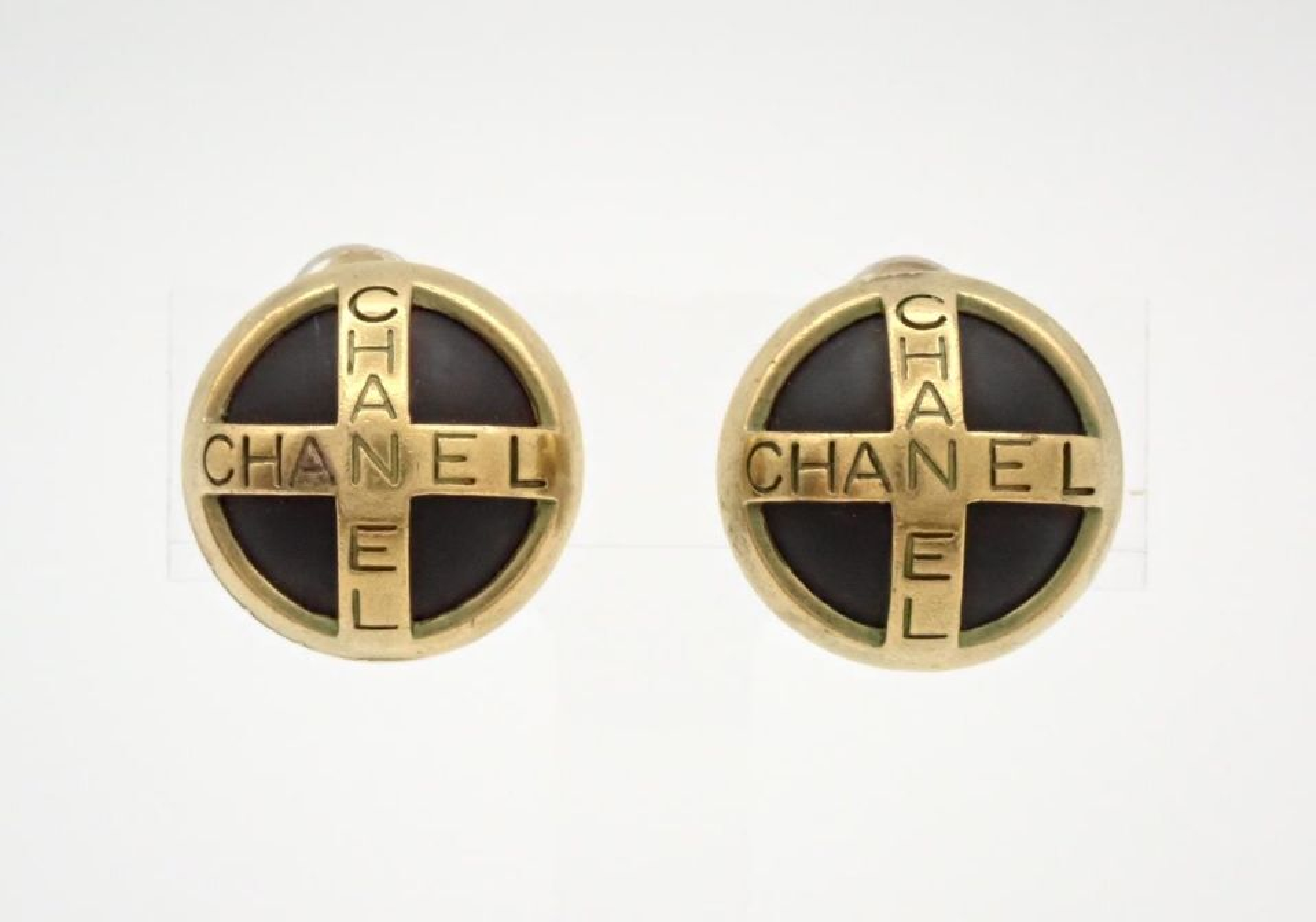 Chanel Cross Earrings, Black, with markings.