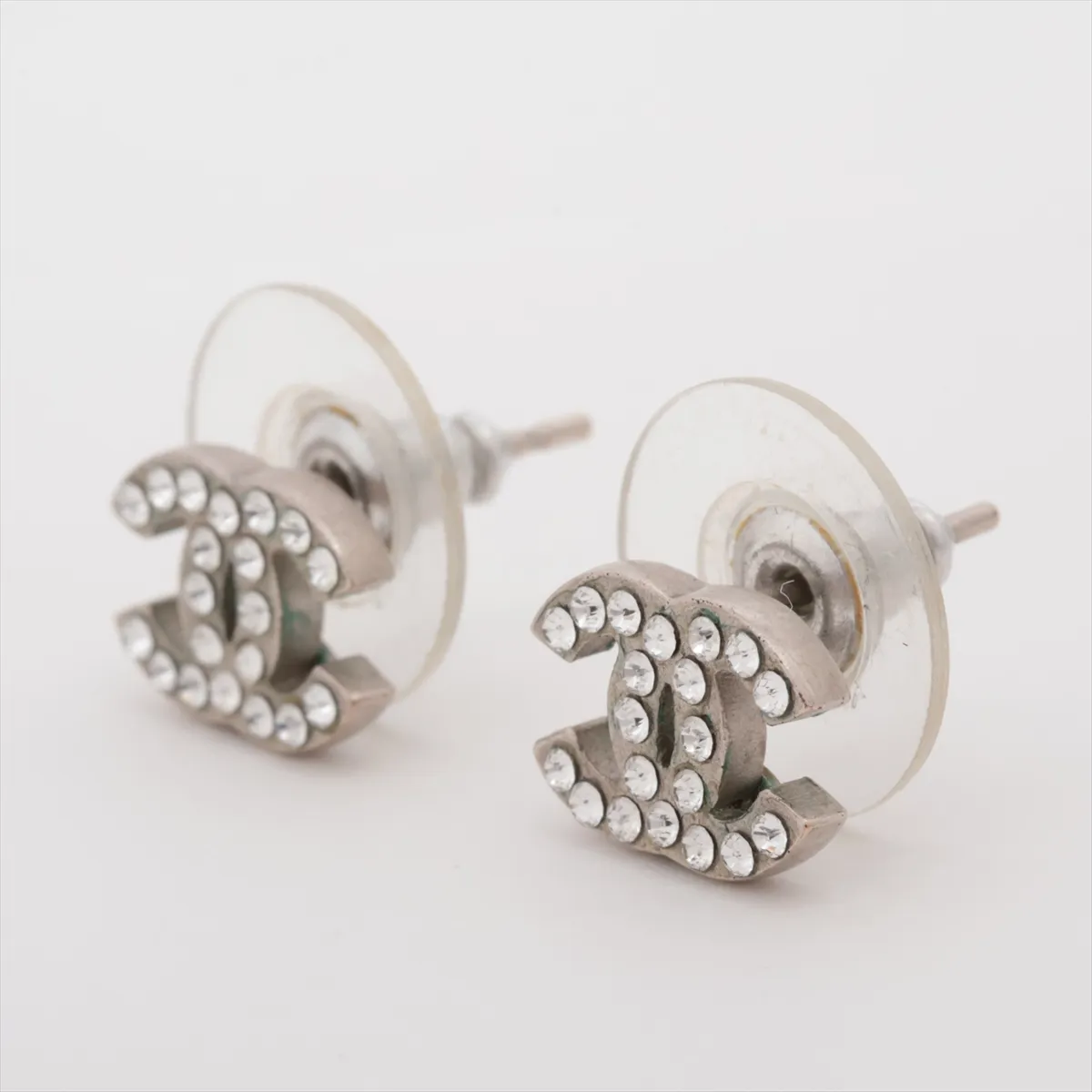 Coco Mark D10V Earrings (Pair) Metal x Rhinestone Silver. Shows signs of wear, — view 3