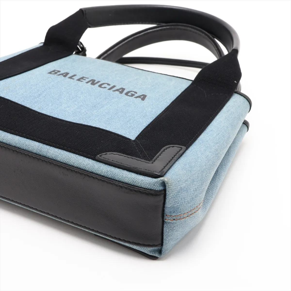 Navy Cabas XS 390346 Denim x Leather Handbag Blue x Black Pouch Strap Cracked — view 3