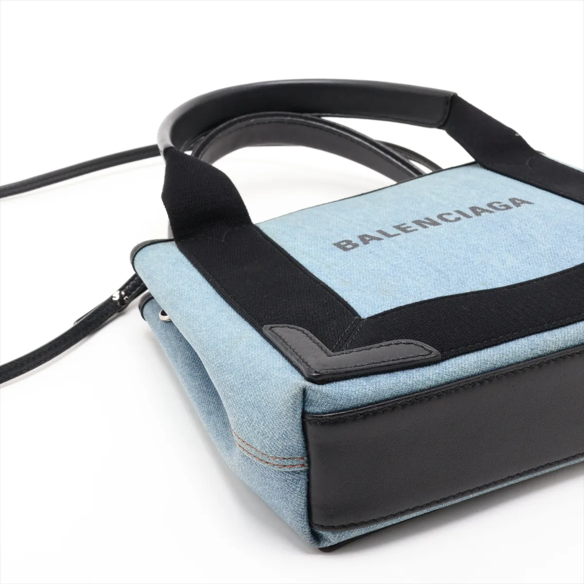 Navy Cabas XS 390346 Denim x Leather Handbag Blue x Black Pouch Strap Cracked — view 4
