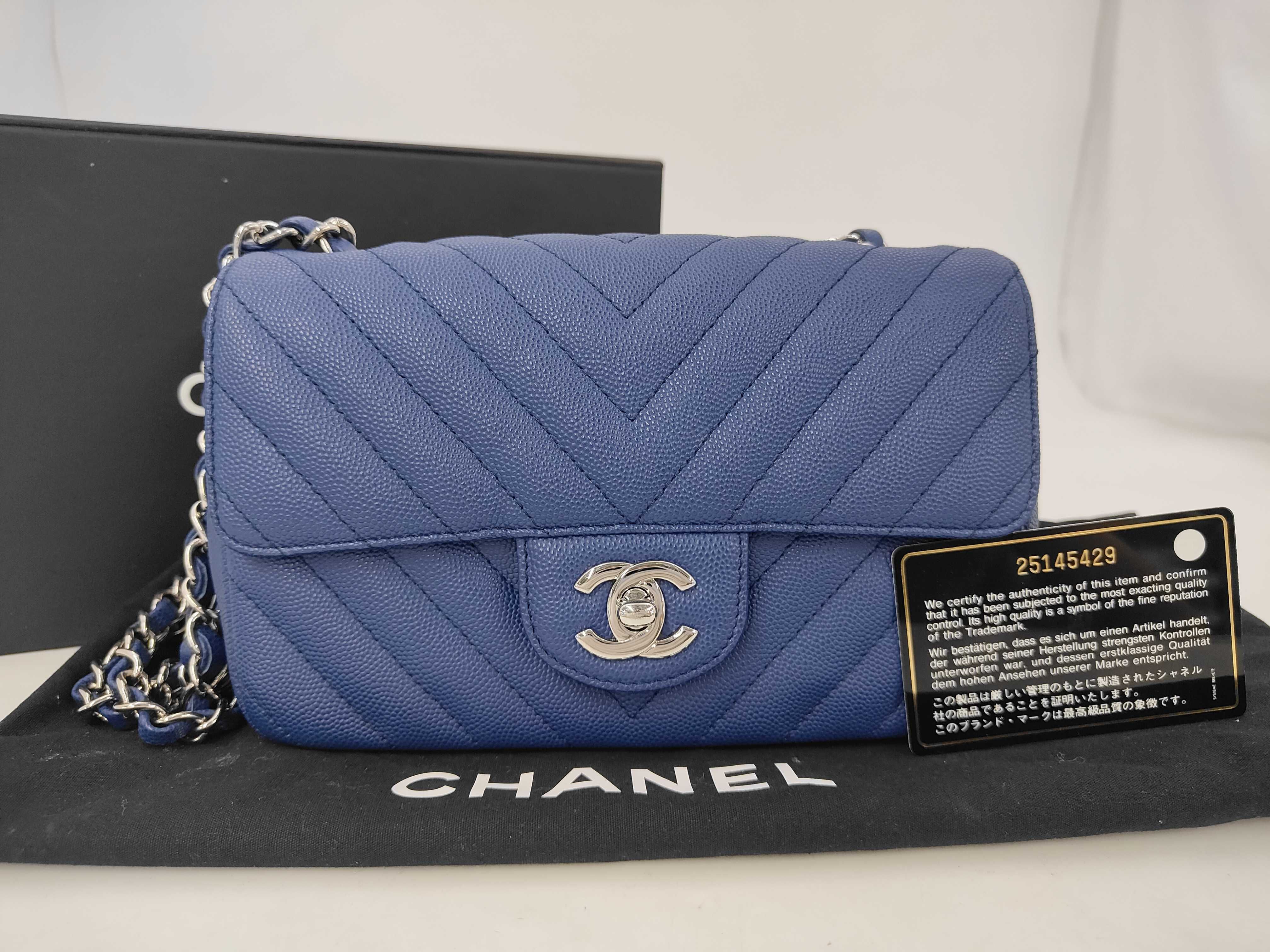 Mini Matelassé Chain Shoulder Bag, Chevron Caviar Skin, Blue, Silver Hardware