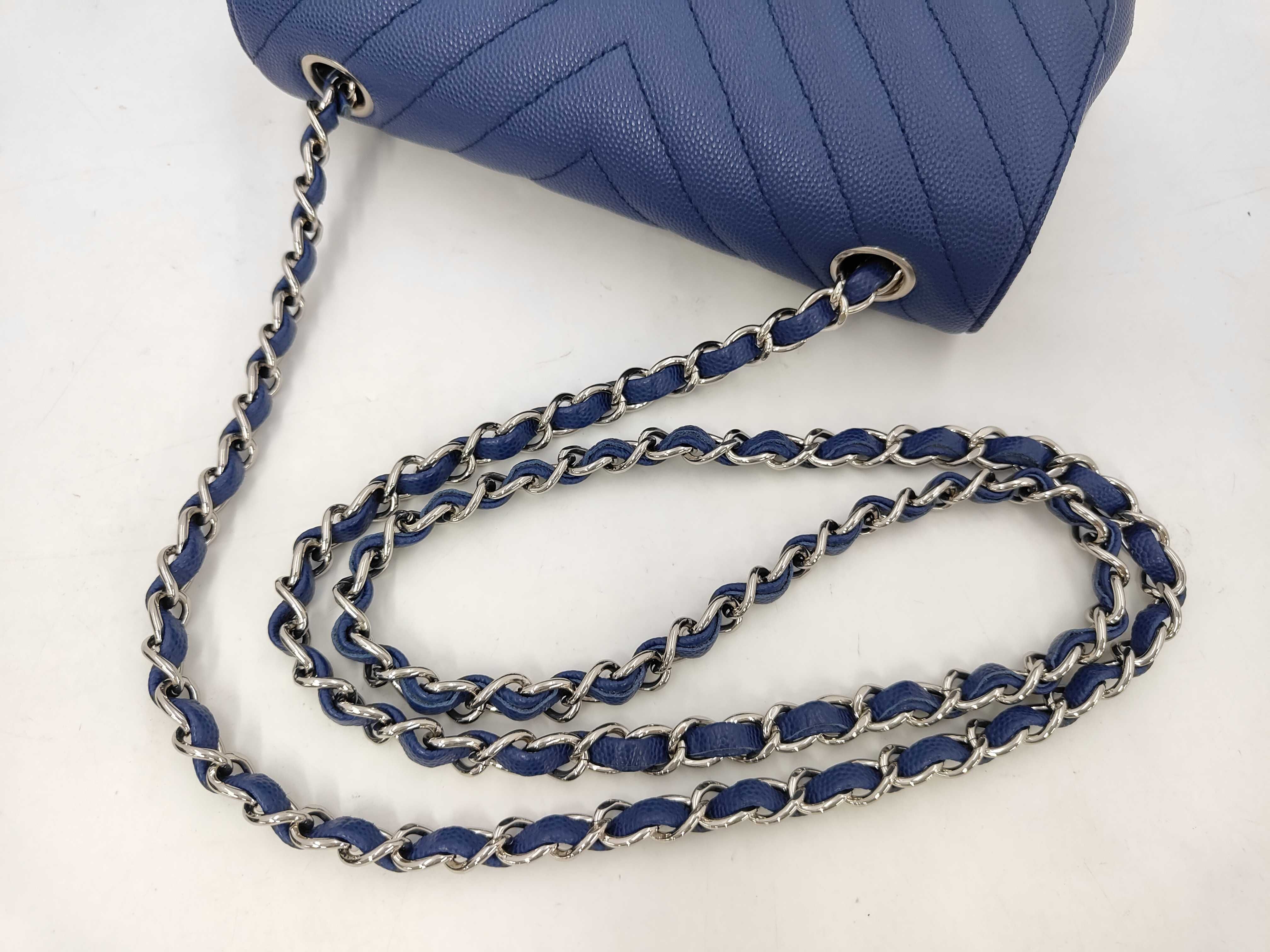 Mini Matelassé Chain Shoulder Bag, Chevron Caviar Skin, Blue, Silver Hardware — view 5