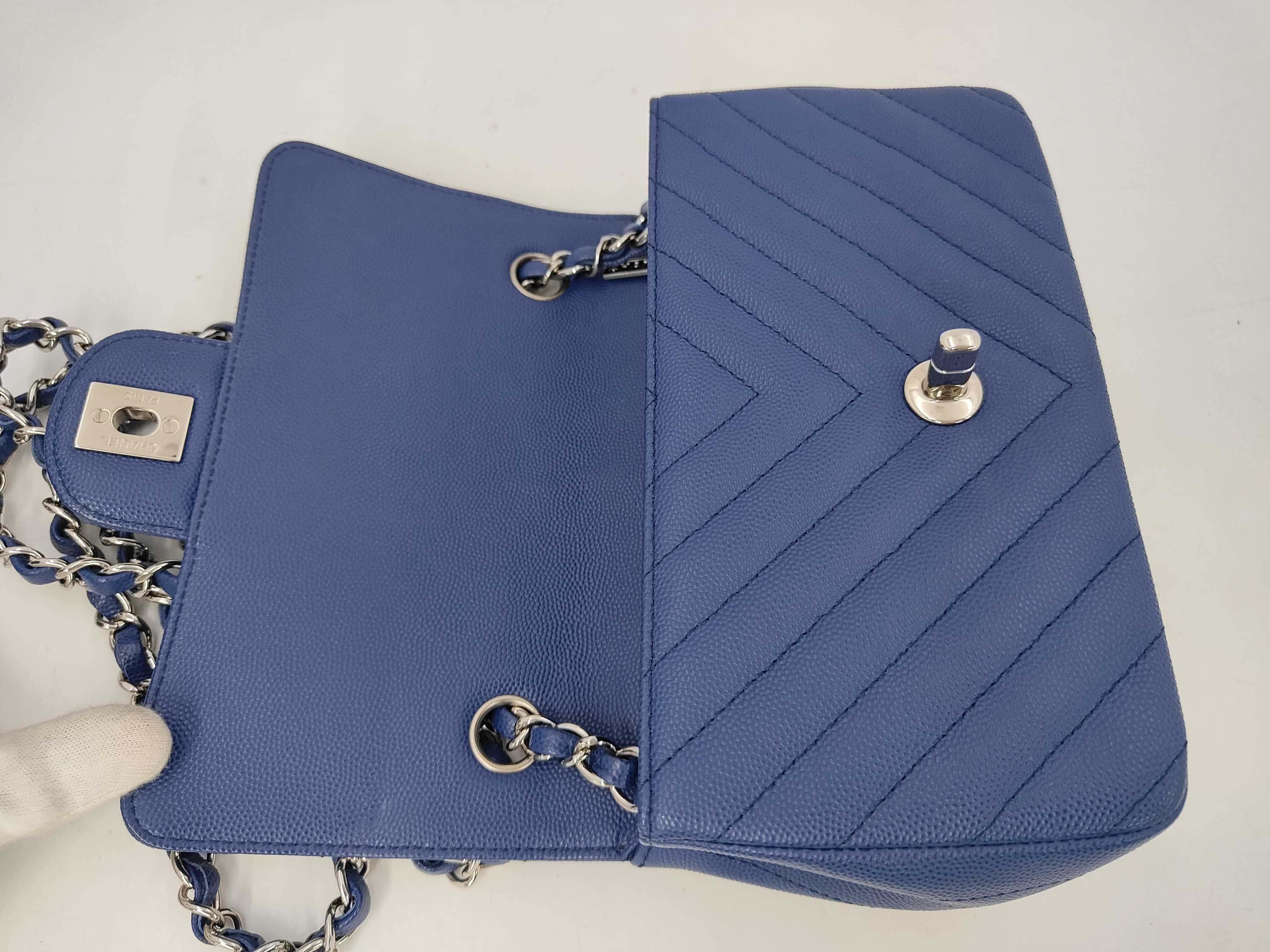 Mini Matelassé Chain Shoulder Bag, Chevron Caviar Skin, Blue, Silver Hardware — view 8