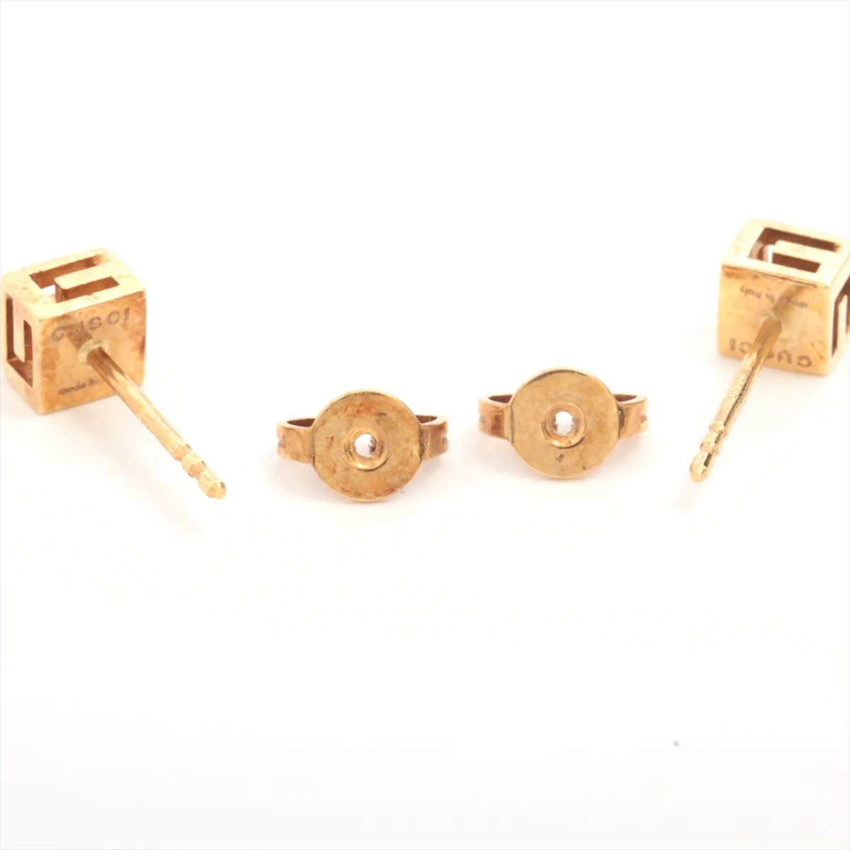 G-logo earrings, 750 (yellow gold), 2.0g, item number 1697AR. Post is slightly bent, burrs remain, catch has no brand engraving. — view 4