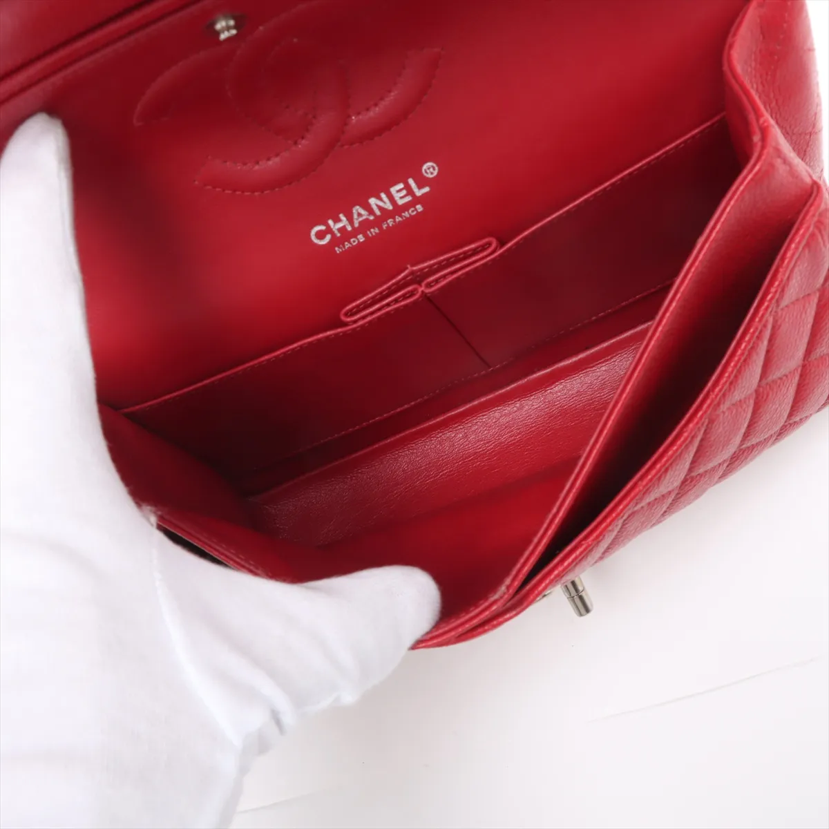[Individually wrapped] Chanel Matelasse 25 caviar skin double flap double chain bag red silver hardware 19050478 19th series A01112 — view 7
