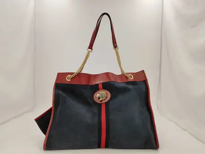 Red Navy Suede Calf Raja Large Chain Tote Bag 537219