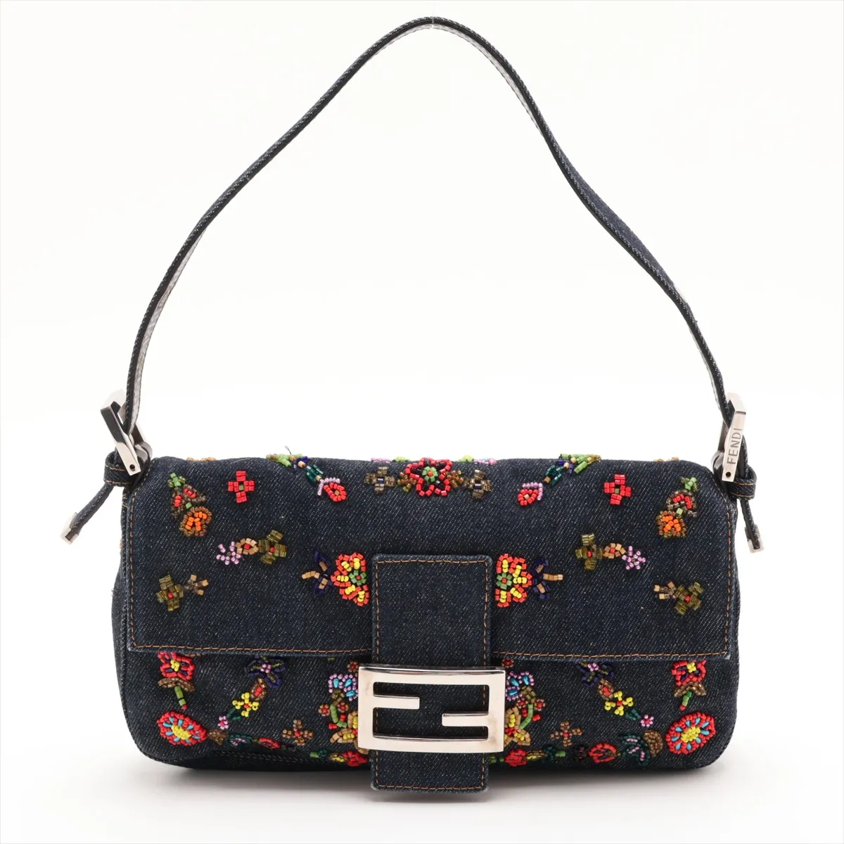 Mamma Bucket Denim x Leather x Beaded Shoulder Bag, Navy