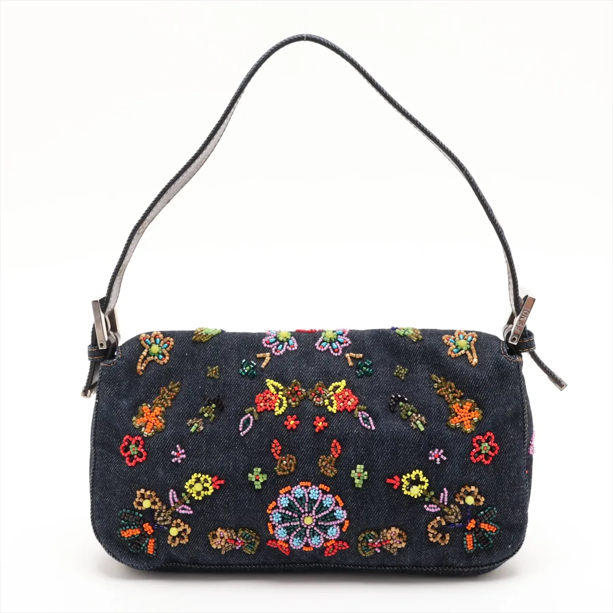 Mamma Bucket Denim x Leather x Beaded Shoulder Bag, Navy — view 2