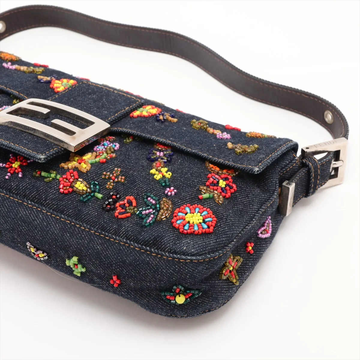 Mamma Bucket Denim x Leather x Beaded Shoulder Bag, Navy — view 3