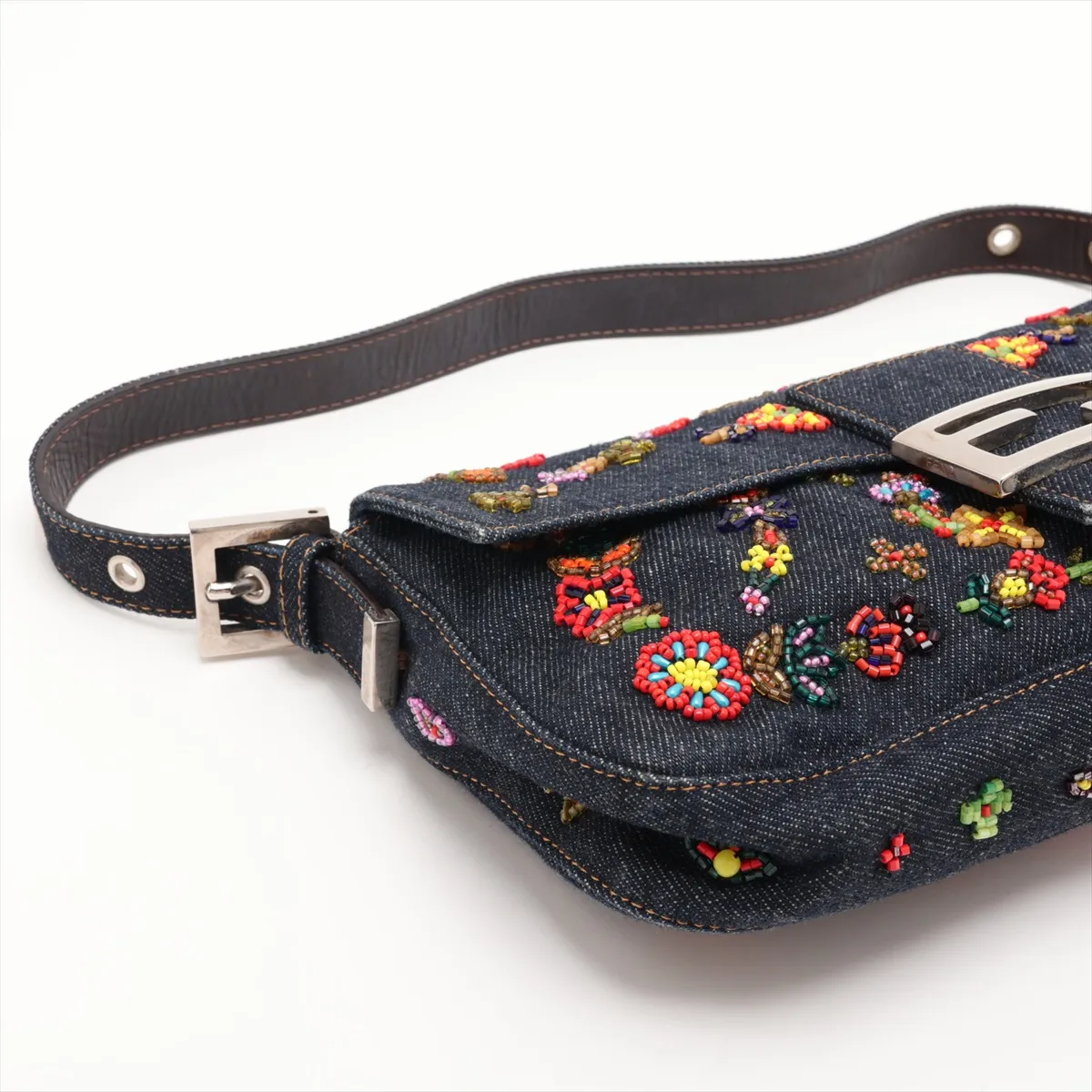 Mamma Bucket Denim x Leather x Beaded Shoulder Bag, Navy — view 4