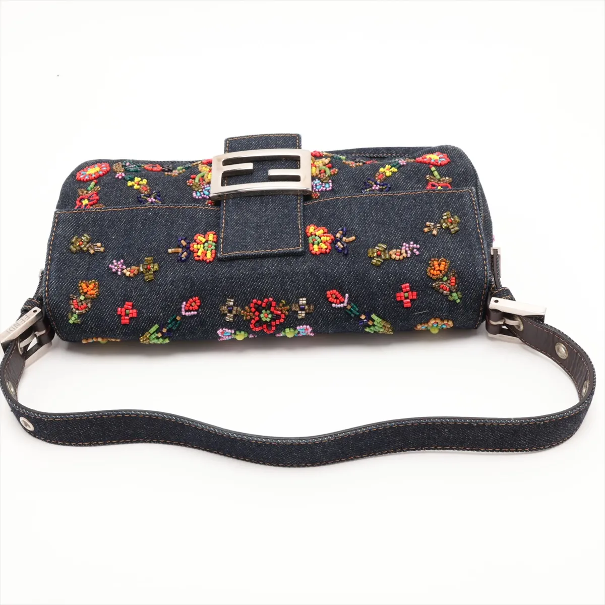 Mamma Bucket Denim x Leather x Beaded Shoulder Bag, Navy — view 5