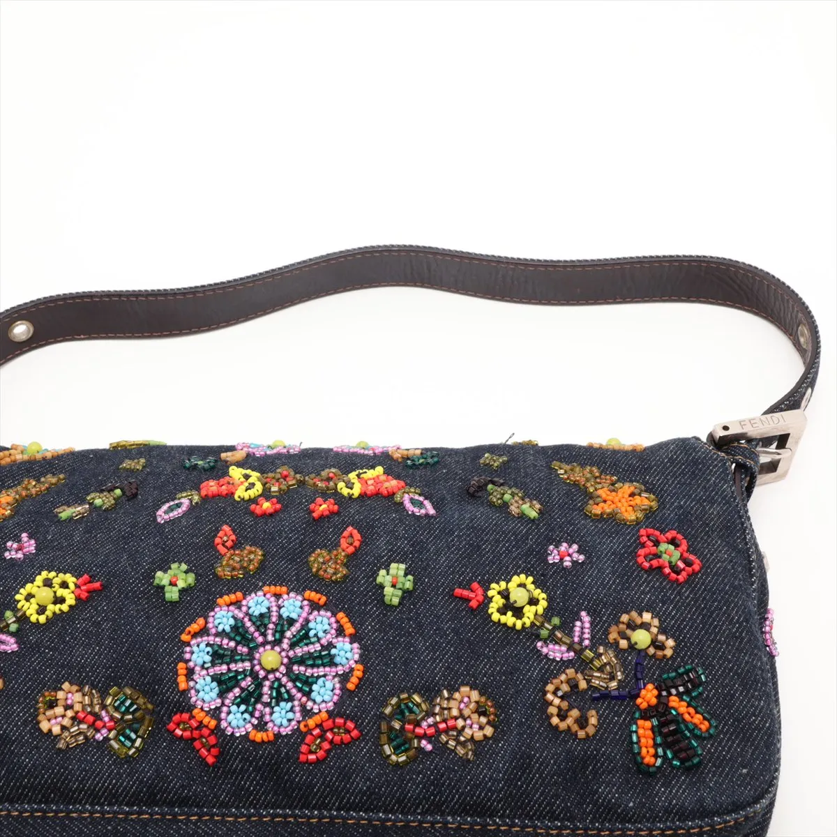 Mamma Bucket Denim x Leather x Beaded Shoulder Bag, Navy — view 6