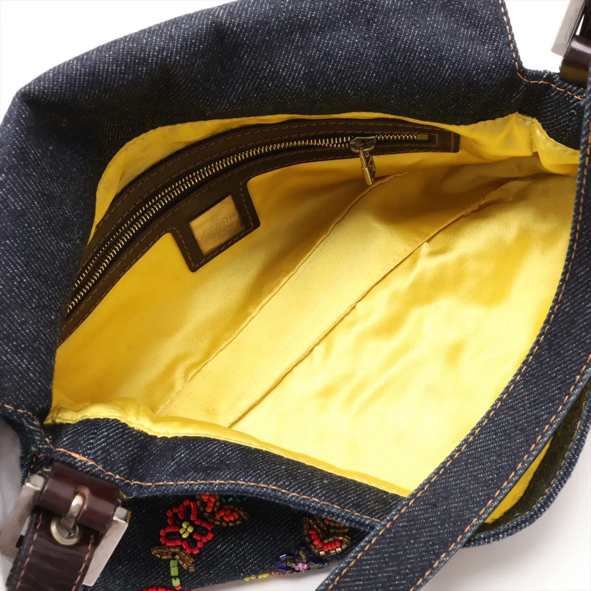 Mamma Bucket Denim x Leather x Beaded Shoulder Bag, Navy — view 7