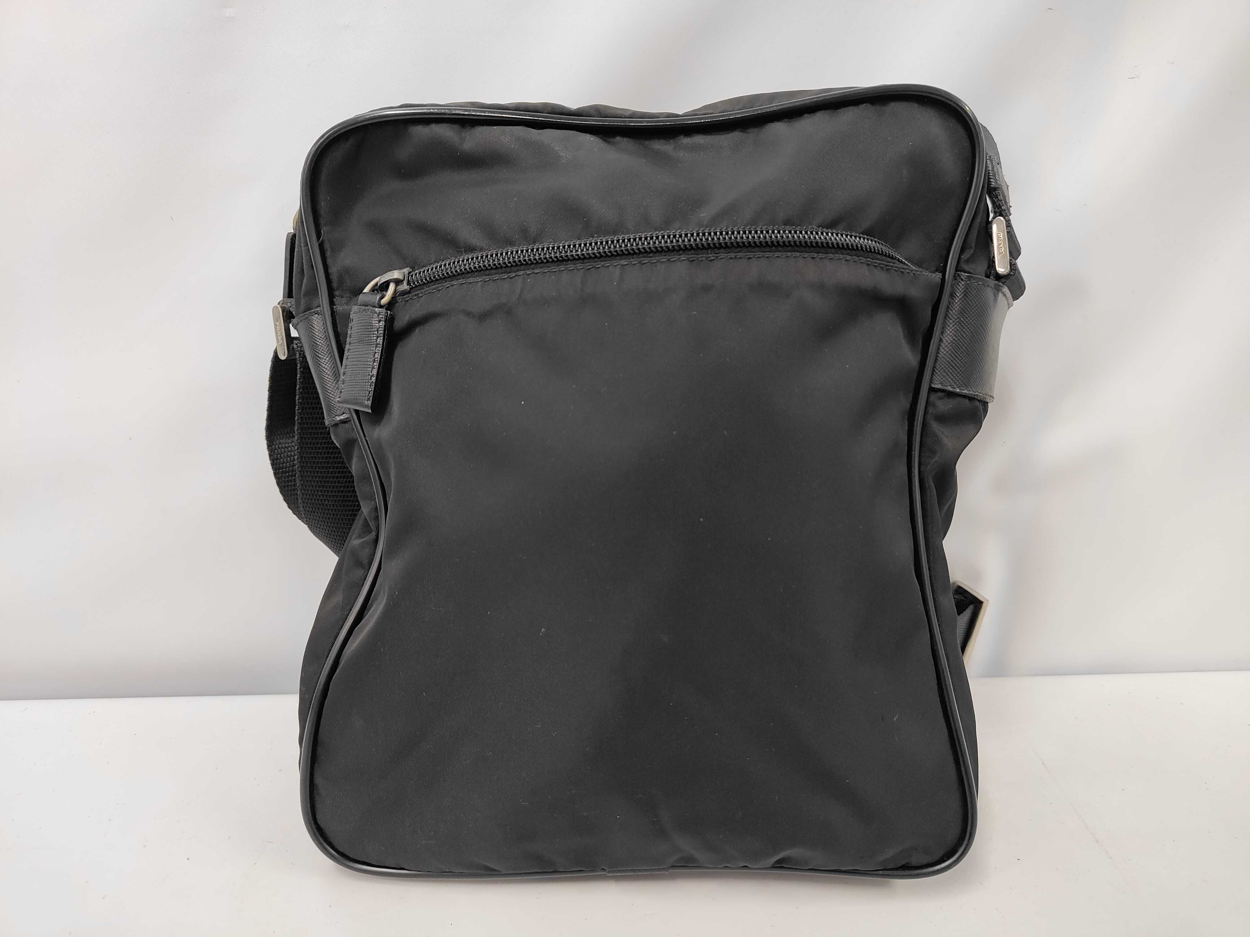 Triangle Logo Saffiano Leather x Nylon Black Shoulder Bag