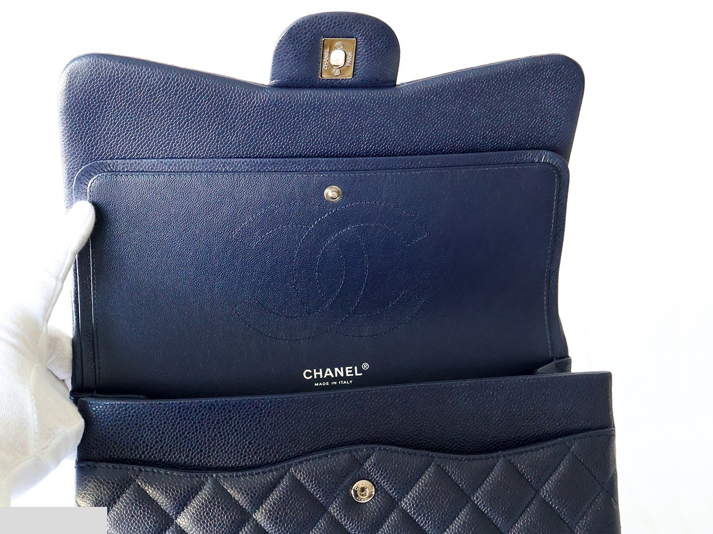 Large Matelassé 30, Caviar Skin, Double Flap, Double Chain Shoulder Bag, Navy — view 11