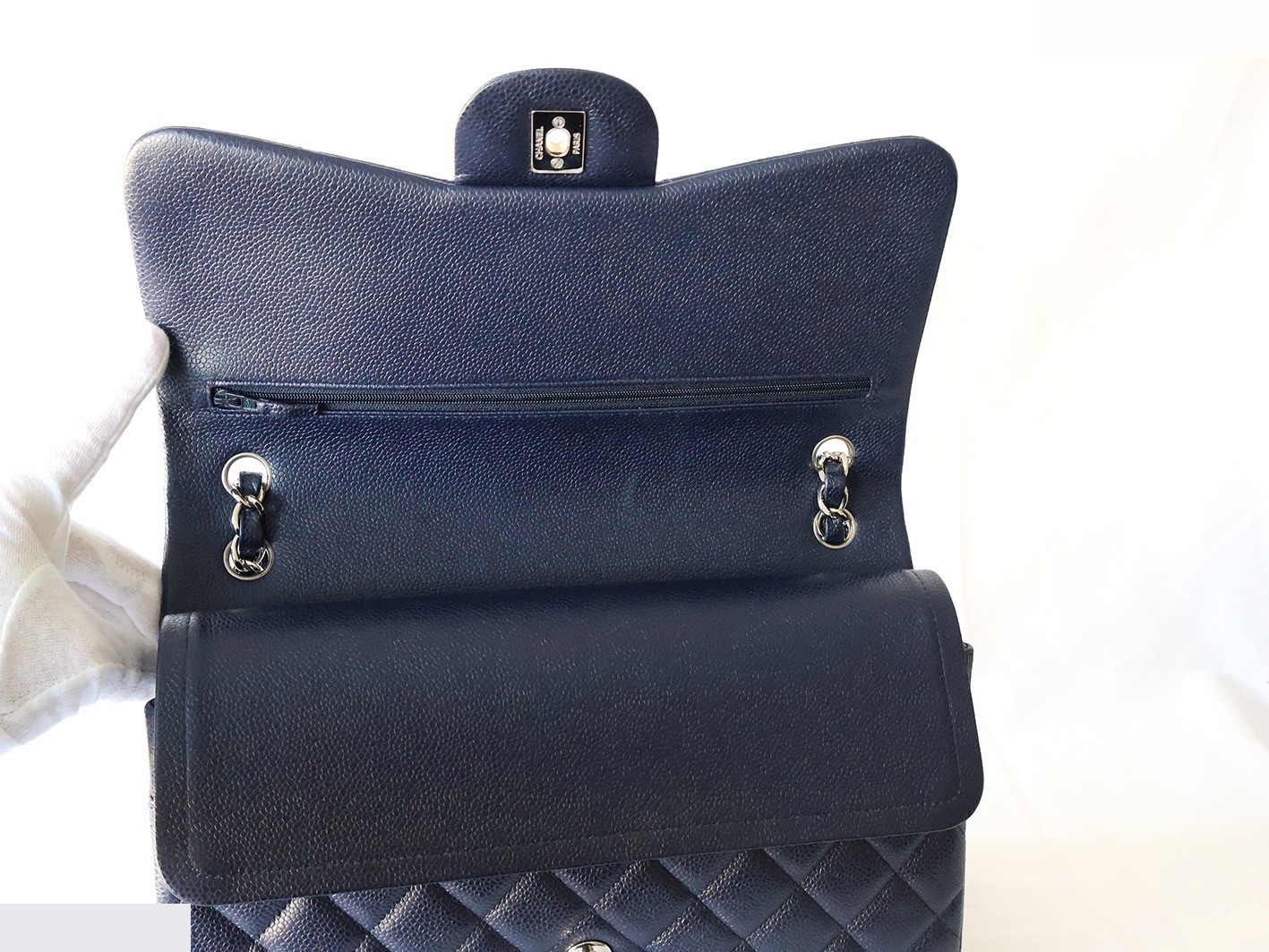 Large Matelassé 30, Caviar Skin, Double Flap, Double Chain Shoulder Bag, Navy — view 10
