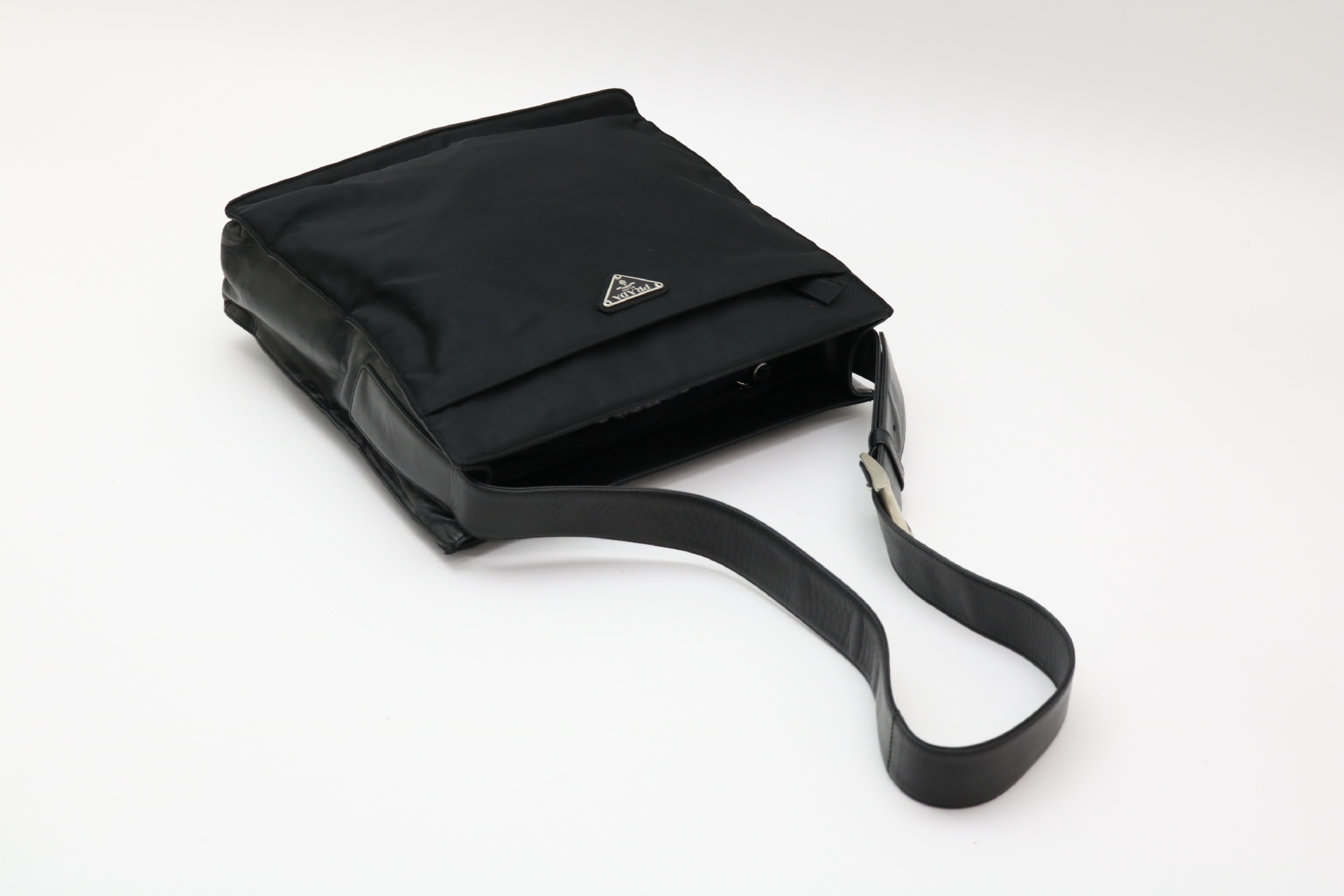 Triangle Logo Nylon Leather Shoulder Bag — view 8