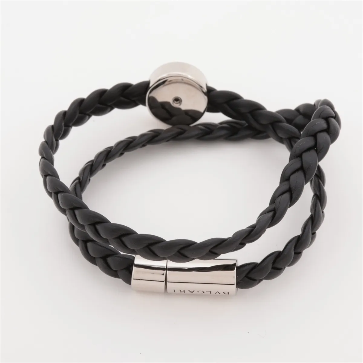 Man bracelet, metal and leather, black, with — view 2