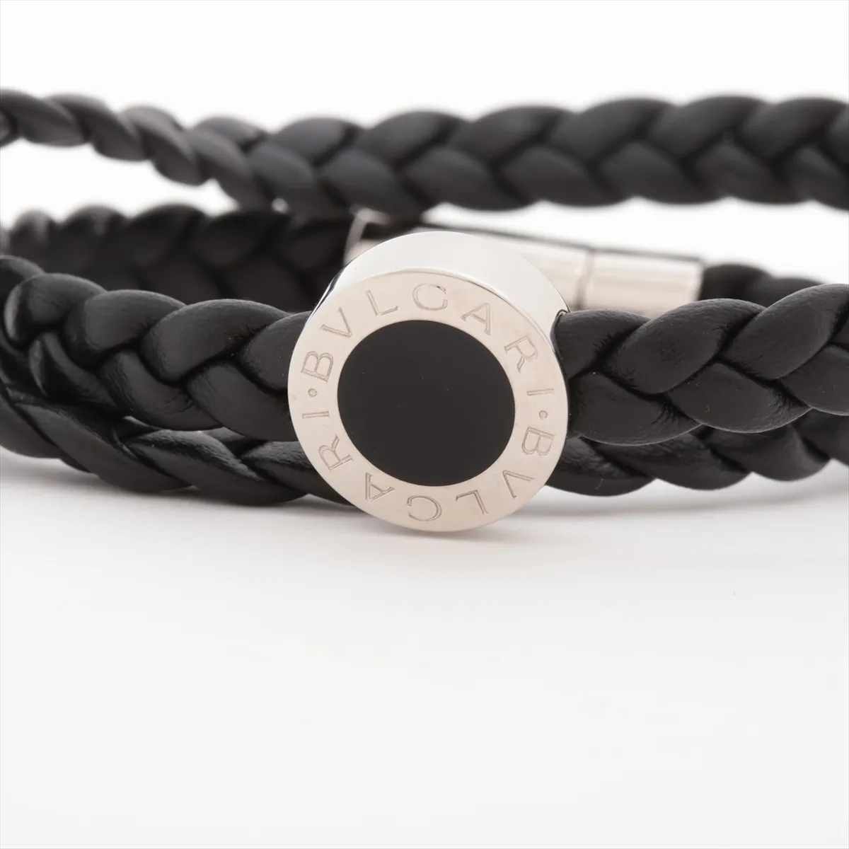 Man bracelet, metal and leather, black, with — view 3