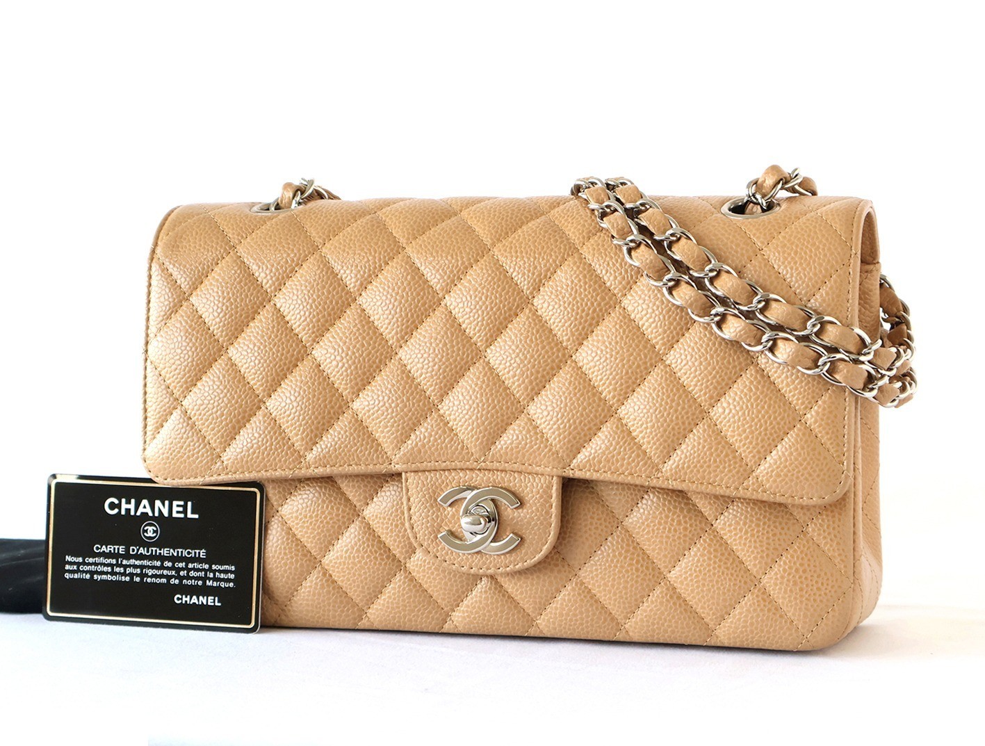 Caviar leather Matelassé 25 Double flap Double chain shoulder bag, beige