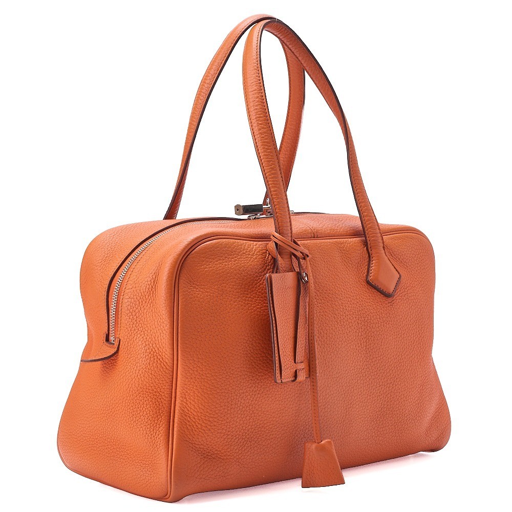 Victoria 35 Taurillon Leather Shoulder Bag, Orange, Silver Hardware, N Stamp — view 3