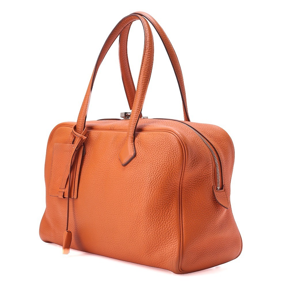 Victoria 35 Taurillon Leather Shoulder Bag, Orange, Silver Hardware, N Stamp — view 4