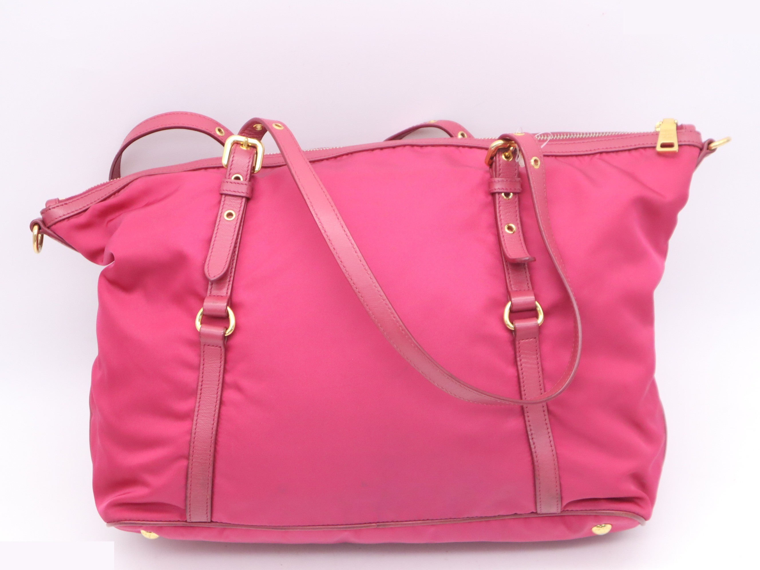 Nylon/Leather 2-Way Tote Bag, Pink, Gold Hardware, Shoulder Strap — view 2