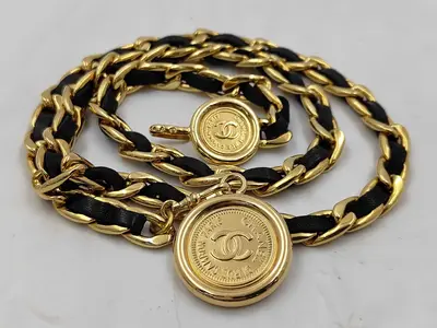 Coco Mark Medallion Chain Belt, Gold Hardware, Black Leather, Vintage Belt