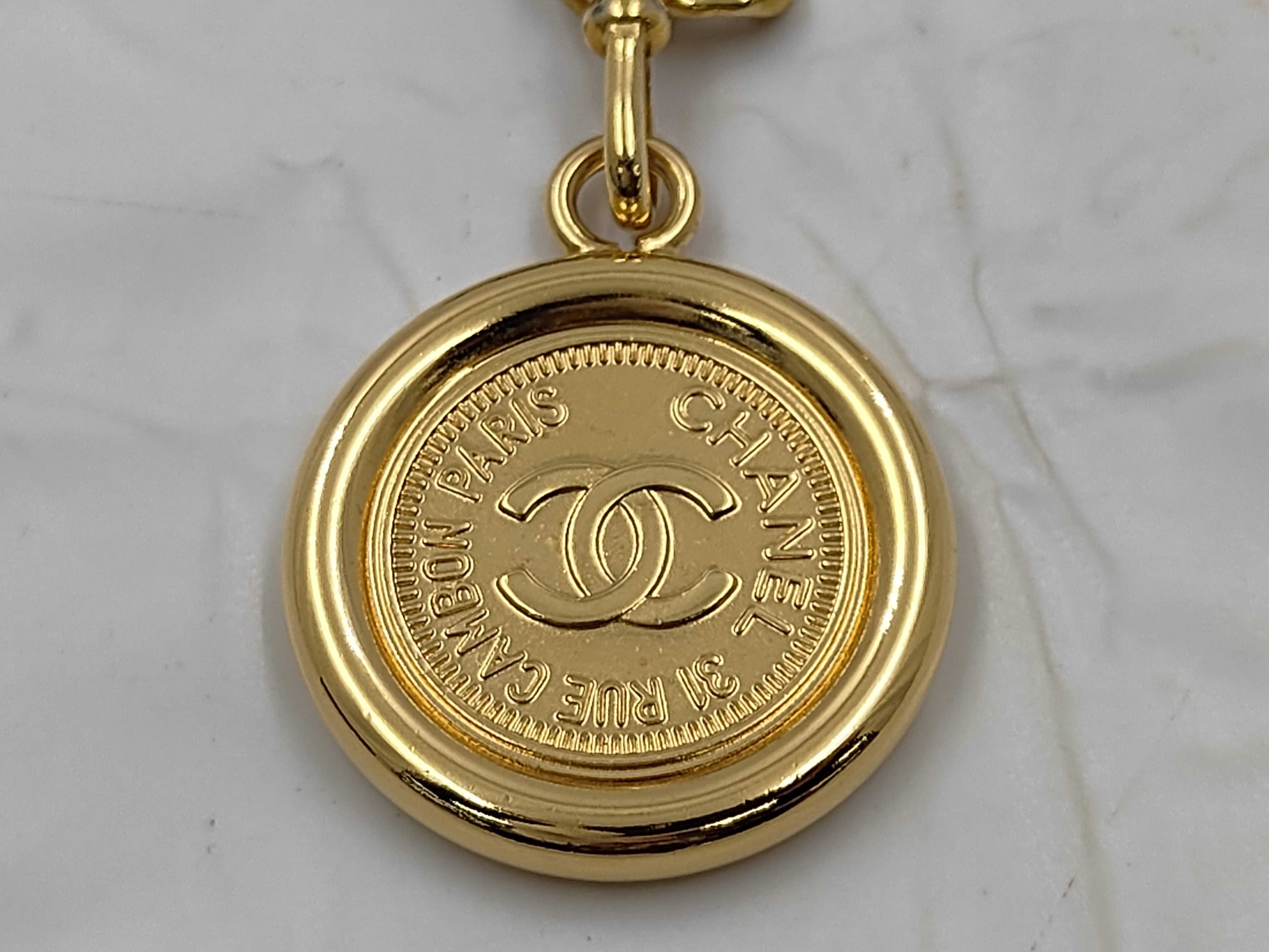 Coco Mark Medallion Chain Belt, Gold Hardware, Black Leather, Vintage Belt — view 2