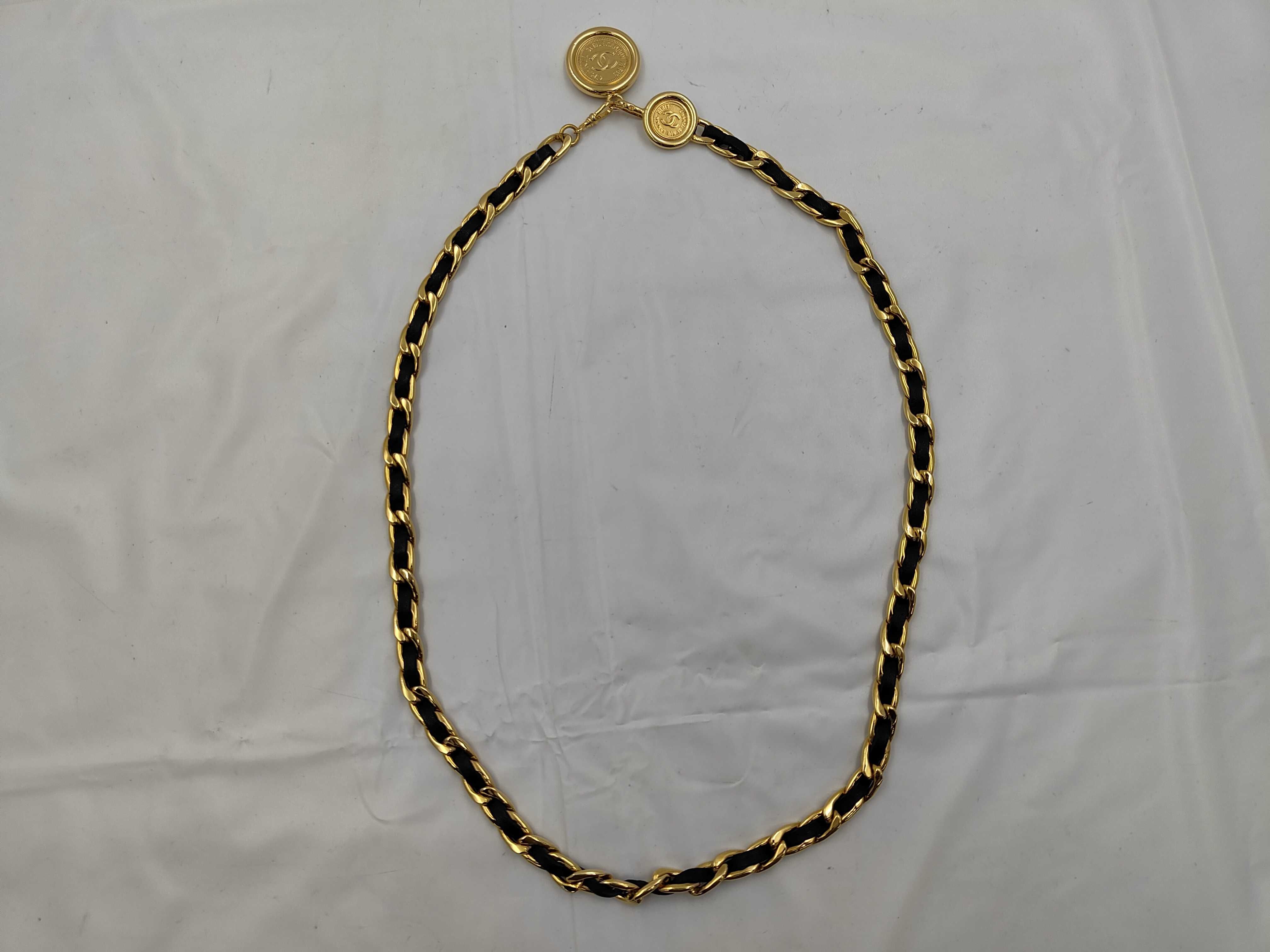 Coco Mark Medallion Chain Belt, Gold Hardware, Black Leather, Vintage Belt — view 3