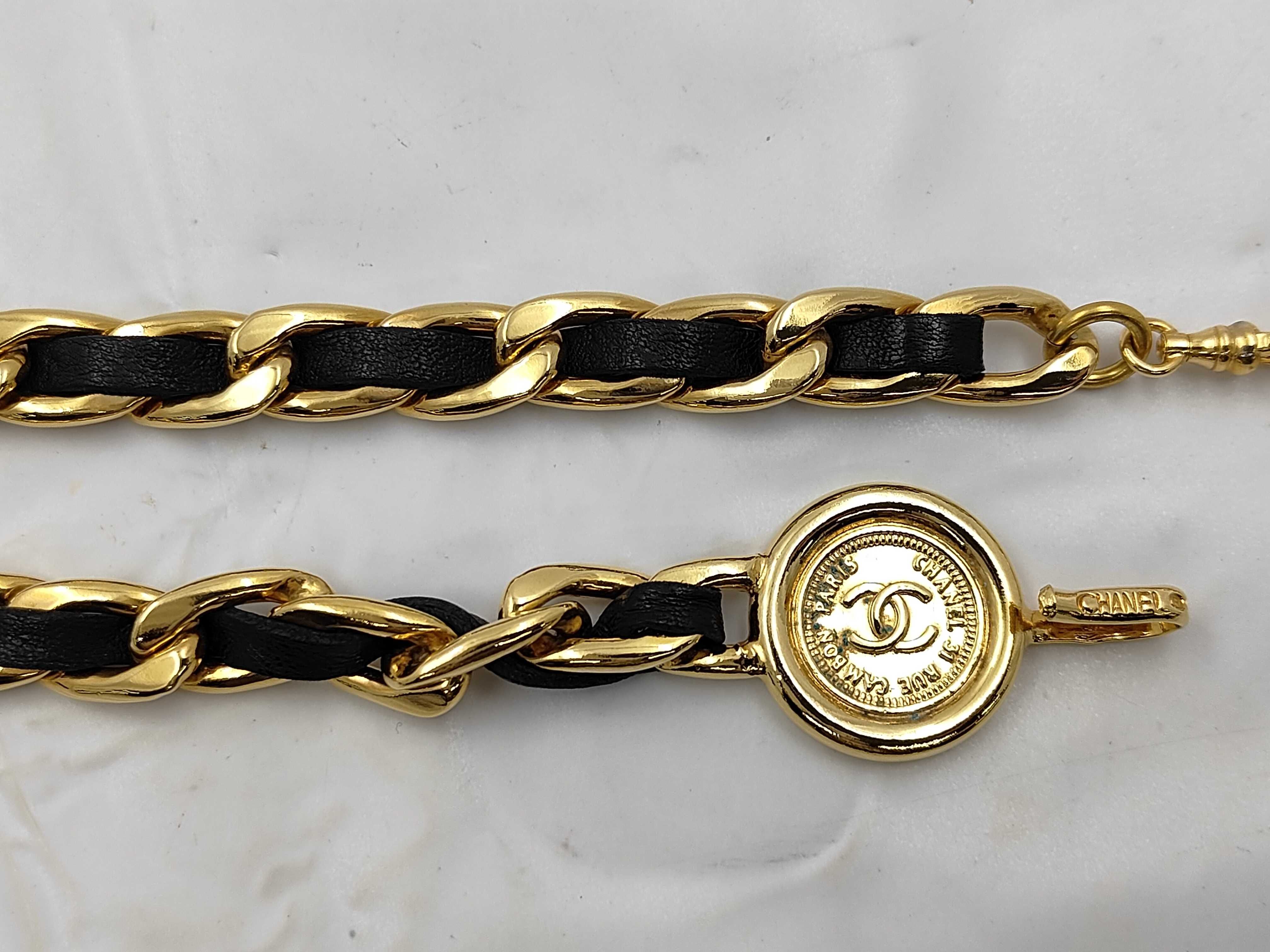 Coco Mark Medallion Chain Belt, Gold Hardware, Black Leather, Vintage Belt — view 4