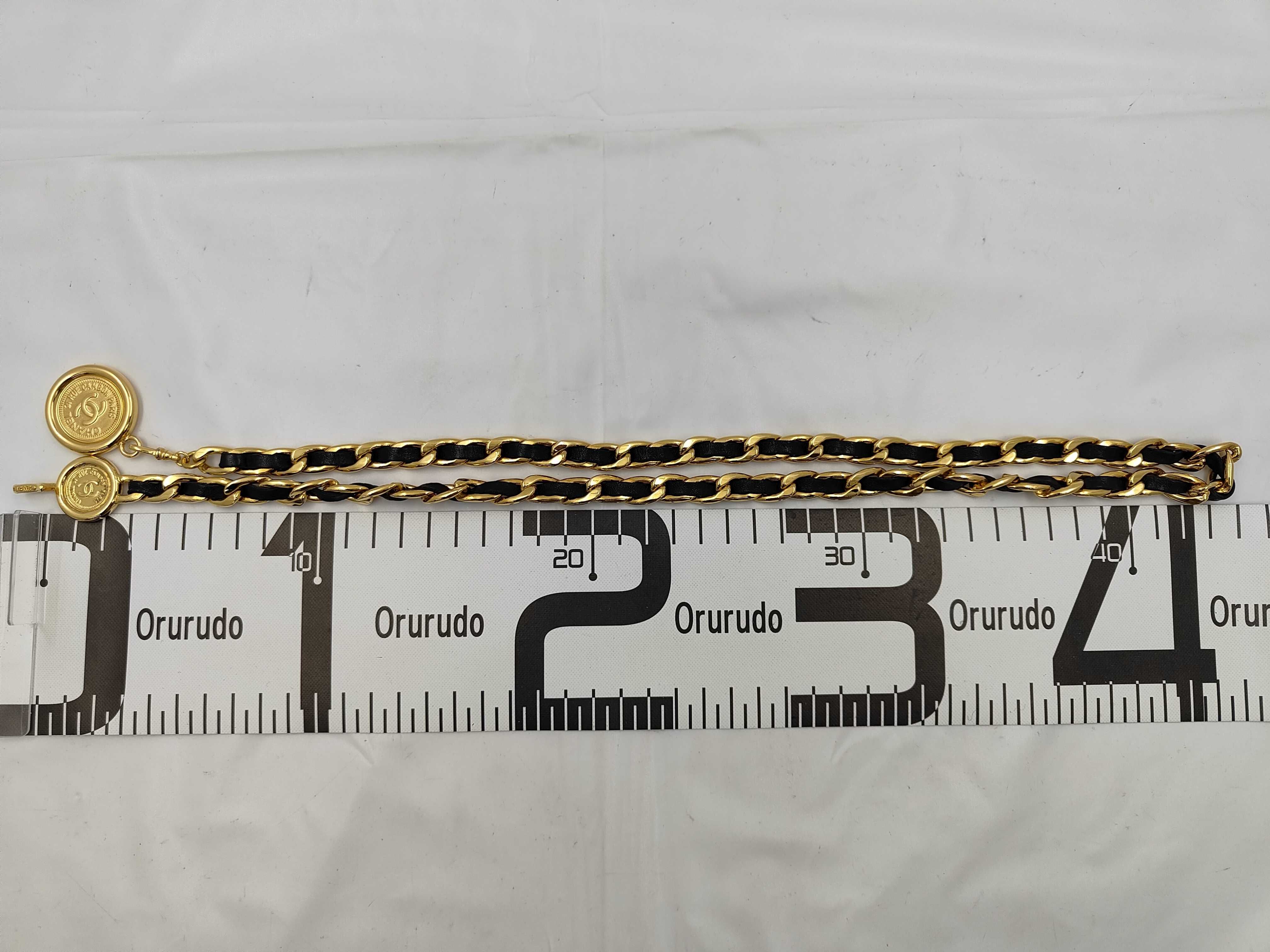 Coco Mark Medallion Chain Belt, Gold Hardware, Black Leather, Vintage Belt — view 8