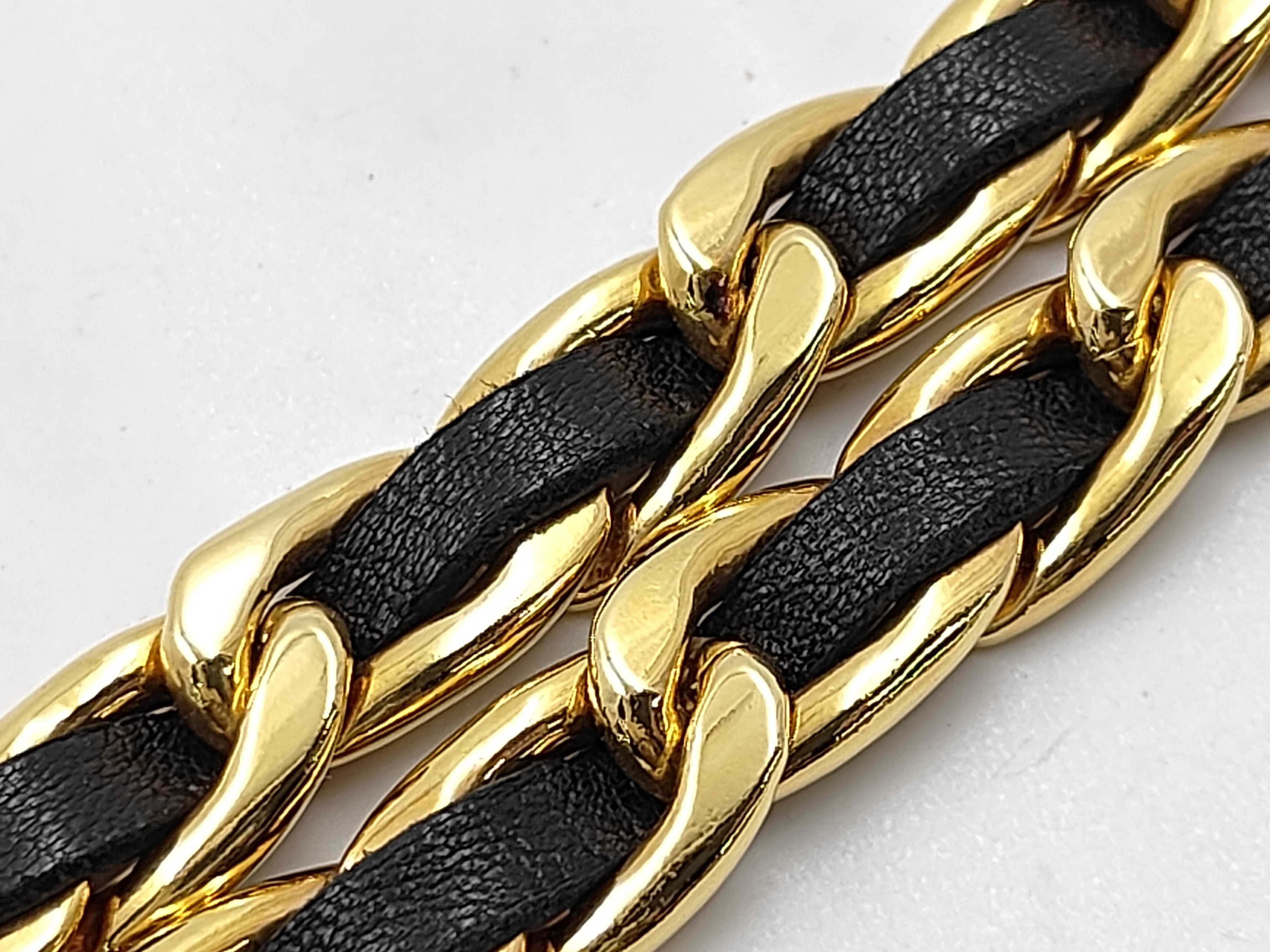 Coco Mark Medallion Chain Belt, Gold Hardware, Black Leather, Vintage Belt — view 9