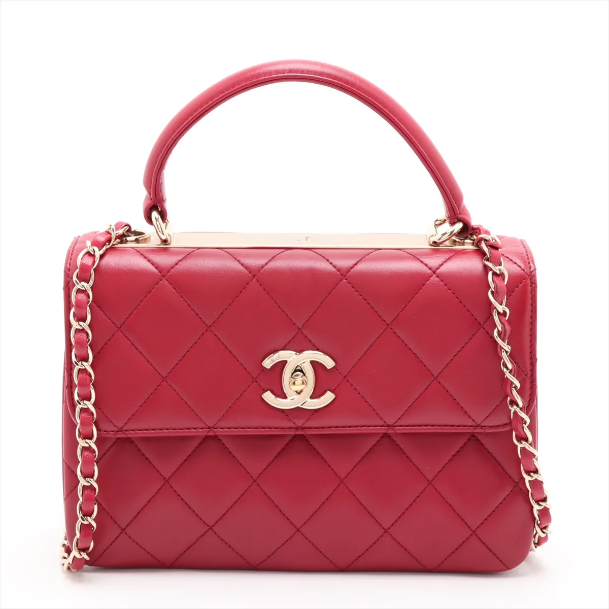 Trendy CC Lambskin 2-Way Handbag, Red with Gold Hardware