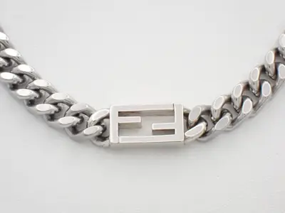 Necklace with FF logo, baguette chain, curb chain, silver, total length approximately 44cm