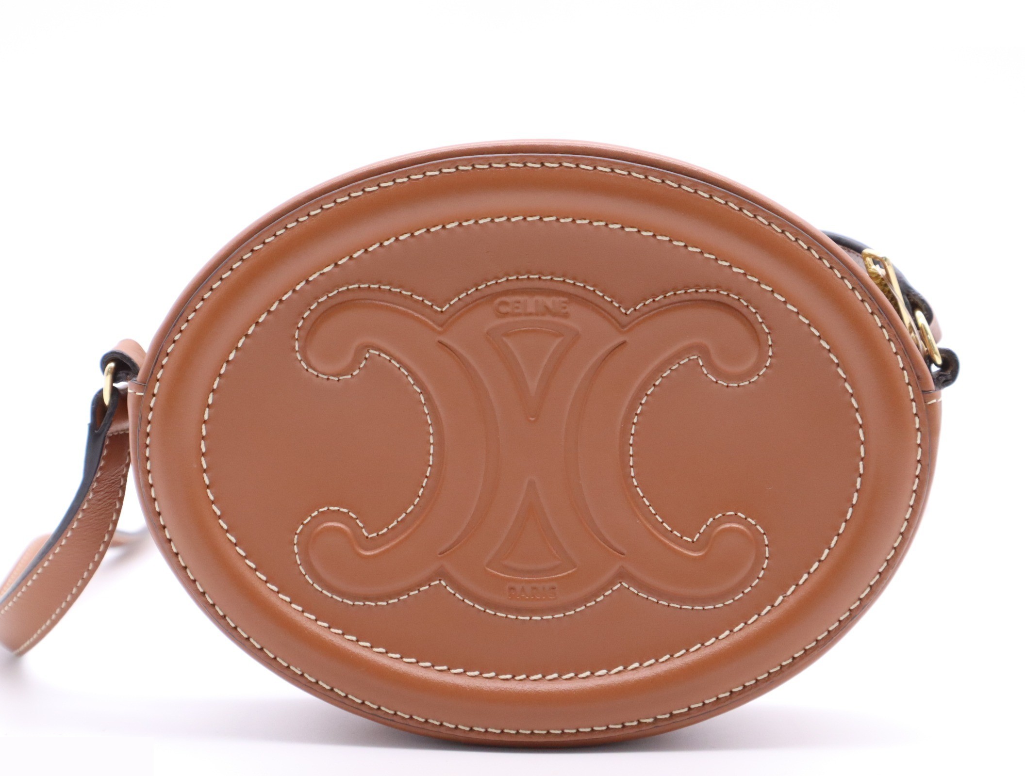Leather oval purse, Cuir shoulder bag, brown, gold hardware. — view 2