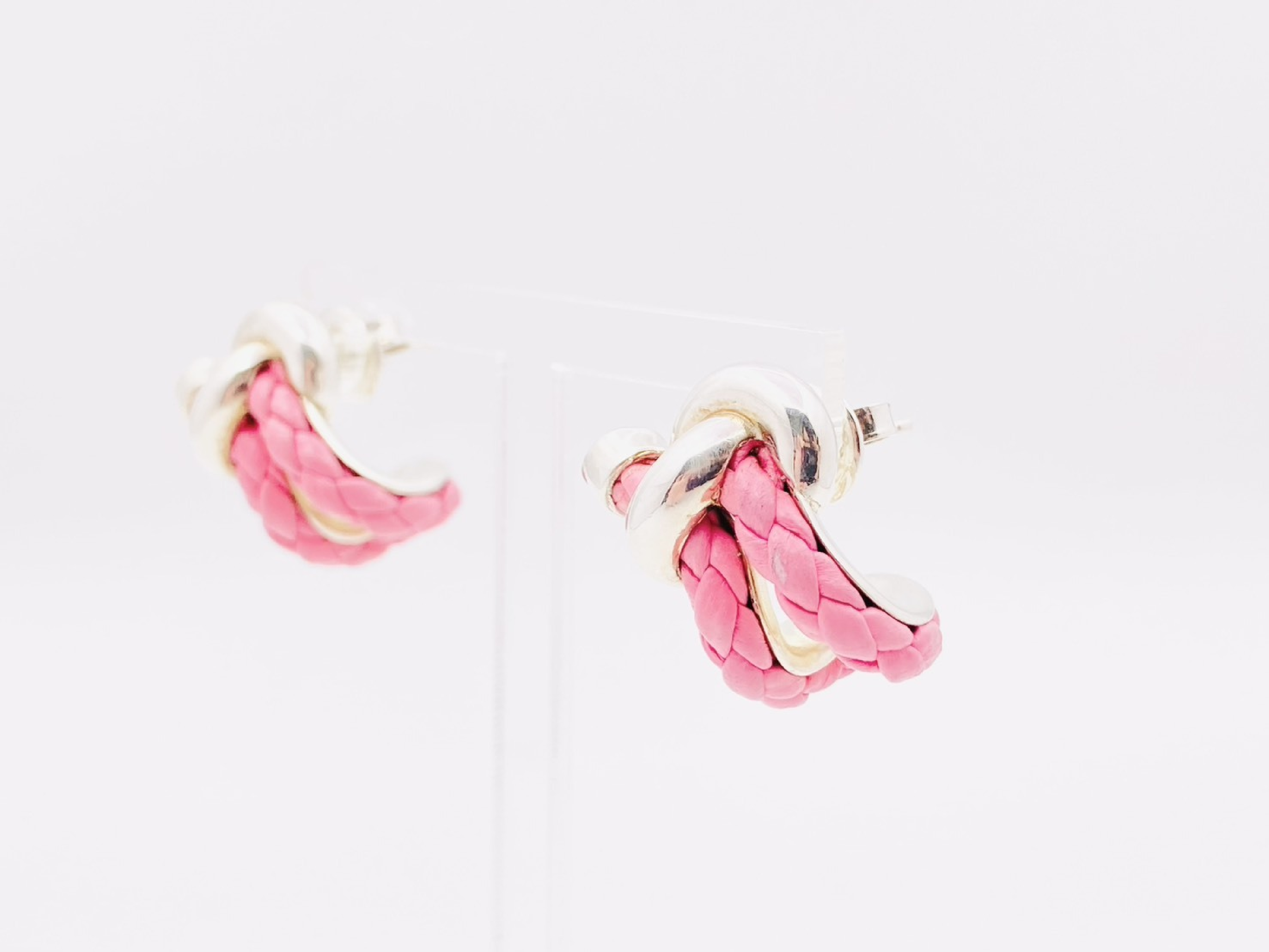 Intrecciato Knot Earrings, Leather x 925 Sterling Silver, 12.5g, Pink x Silver — view 2