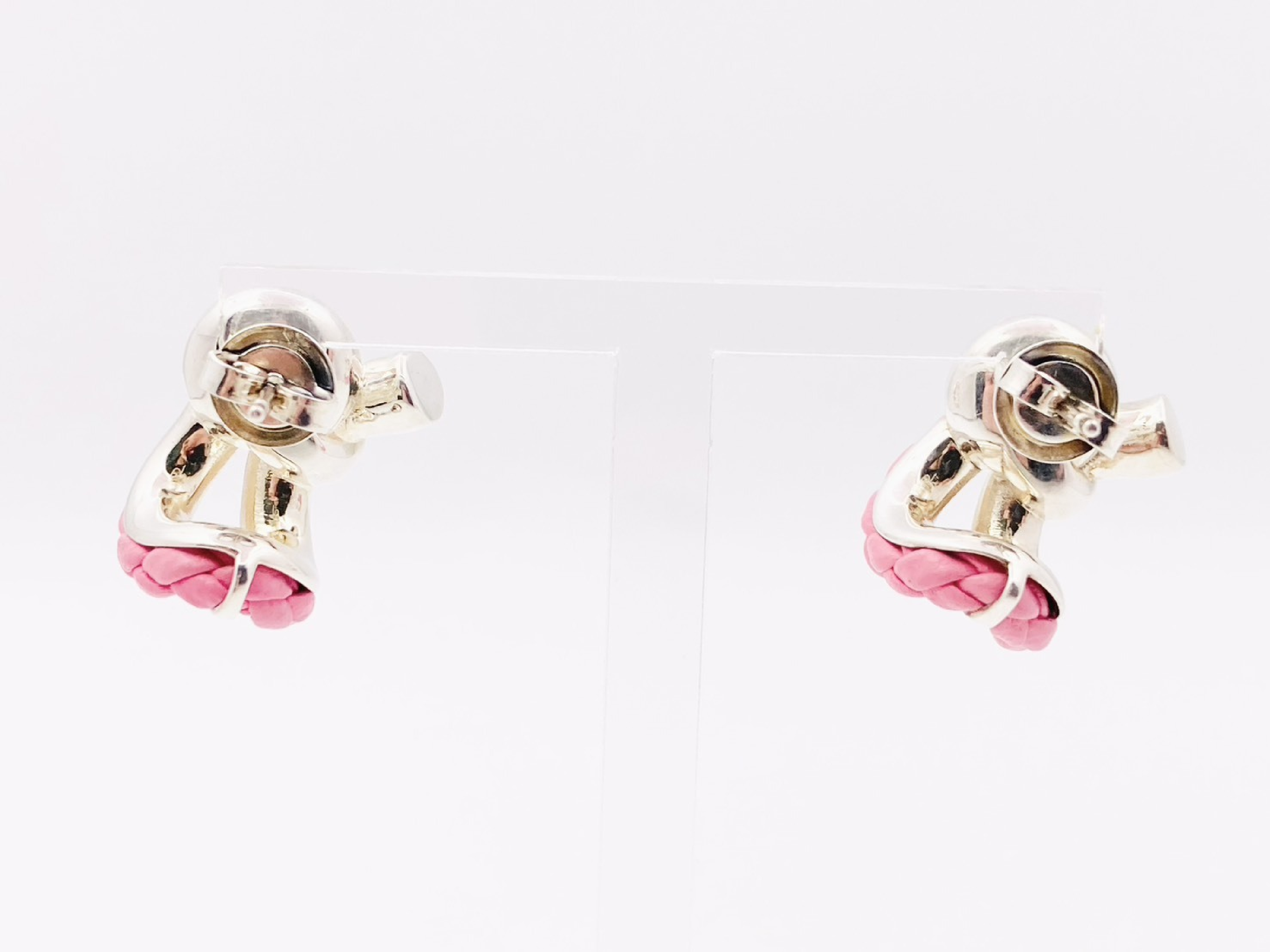 Intrecciato Knot Earrings, Leather x 925 Sterling Silver, 12.5g, Pink x Silver — view 3