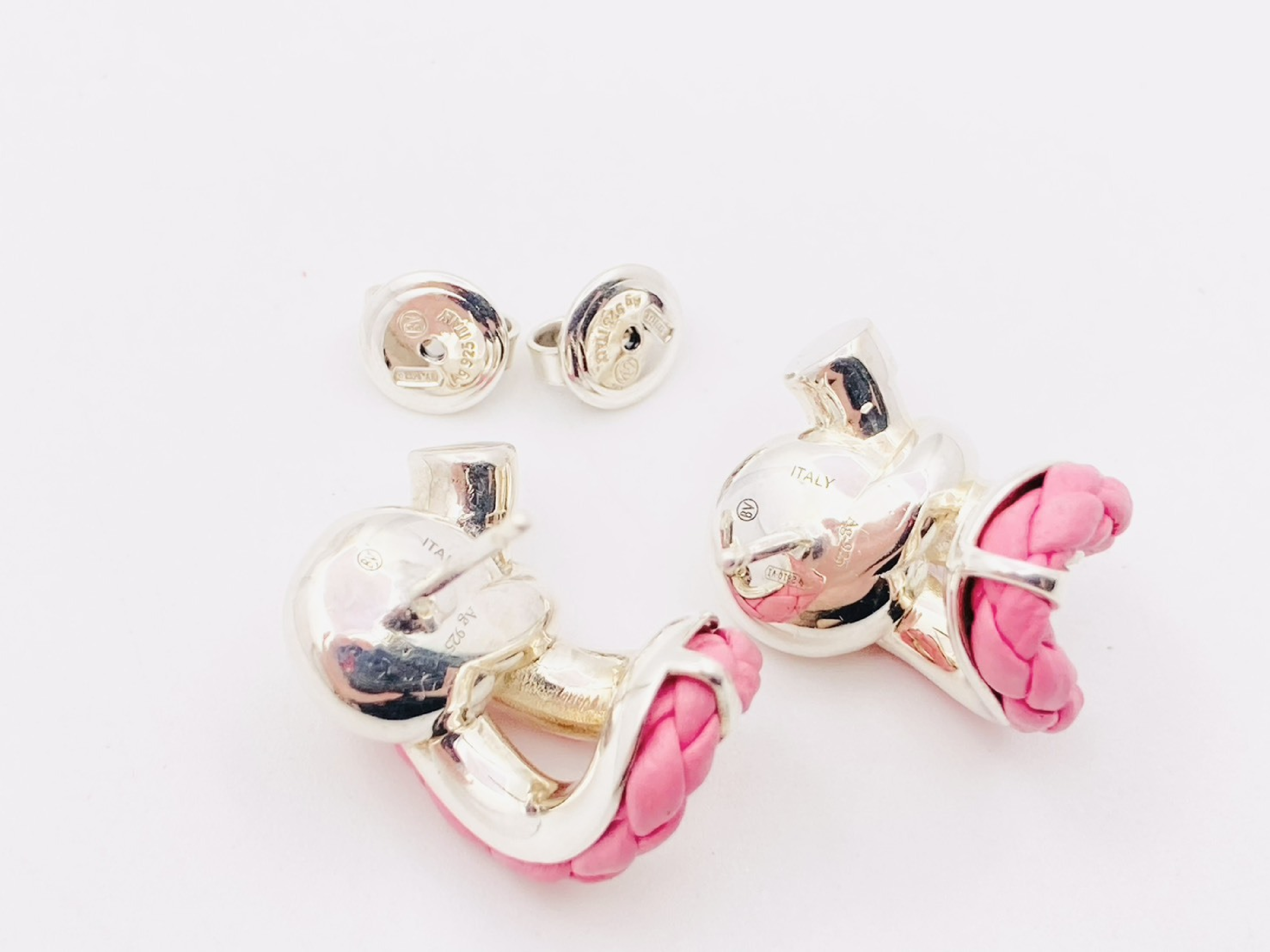 Intrecciato Knot Earrings, Leather x 925 Sterling Silver, 12.5g, Pink x Silver — view 4