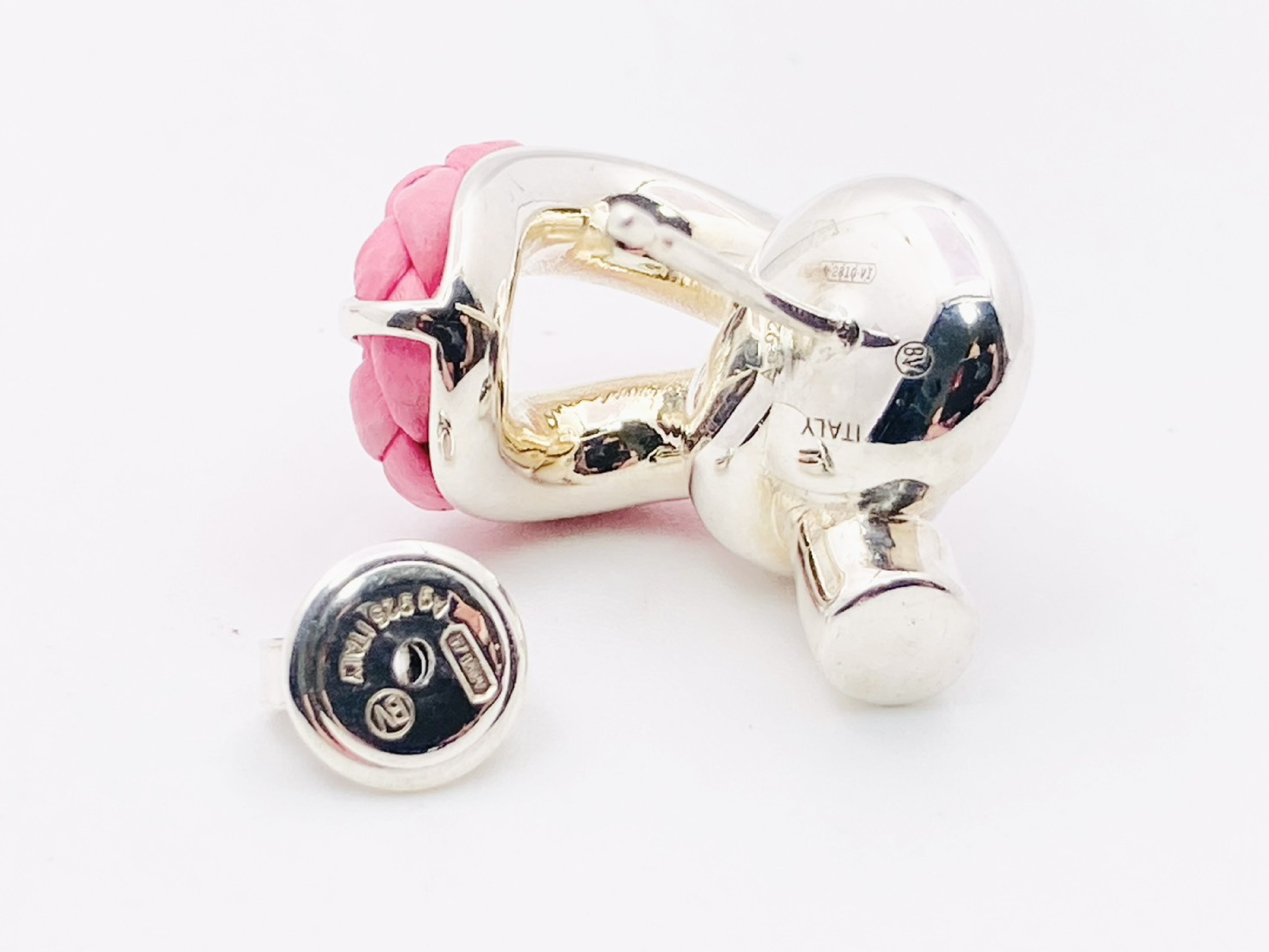 Intrecciato Knot Earrings, Leather x 925 Sterling Silver, 12.5g, Pink x Silver — view 5
