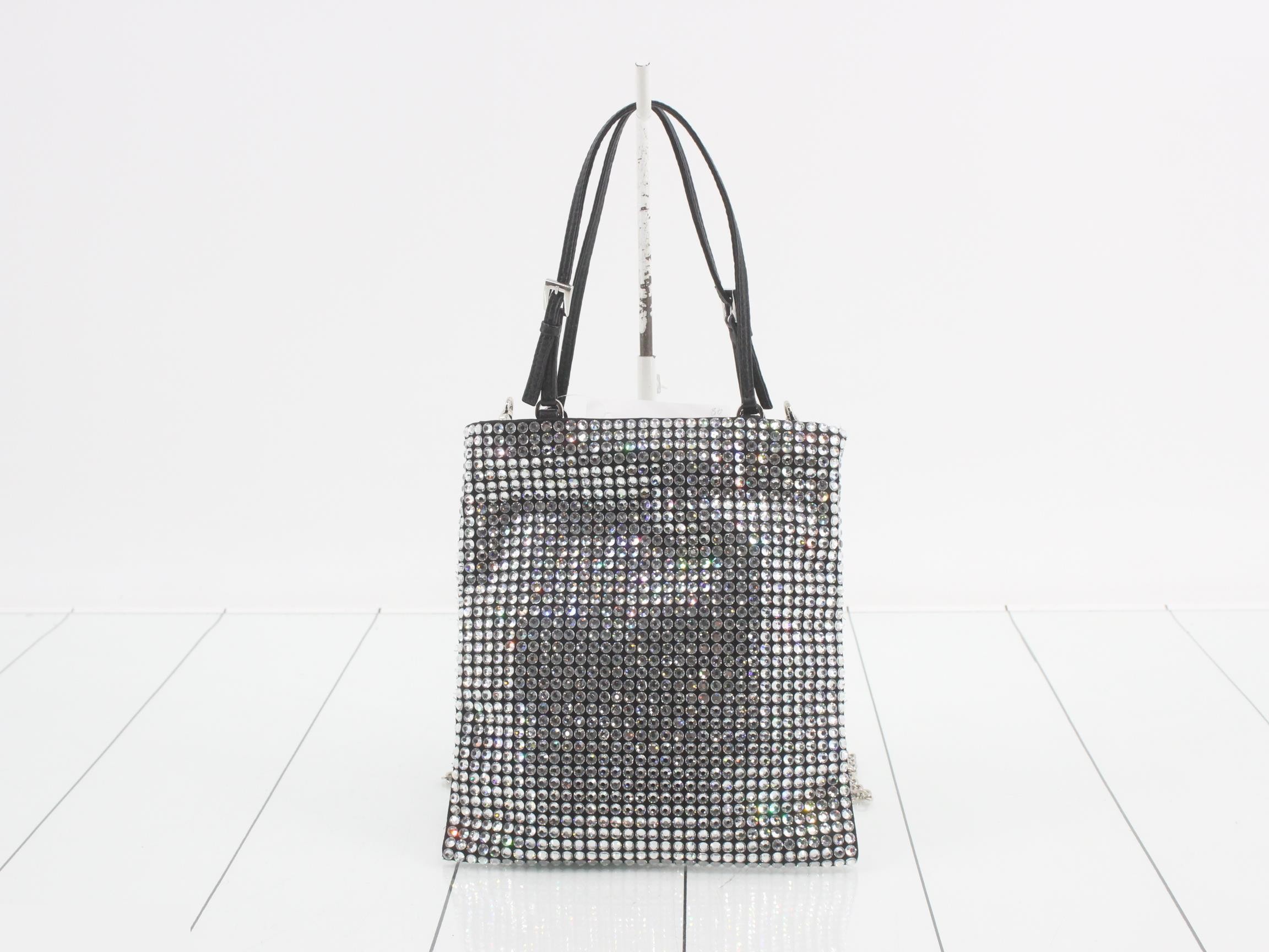 Satin, rhinestone, triangular plate, 2-way chain shoulder bag/handbag — view 2